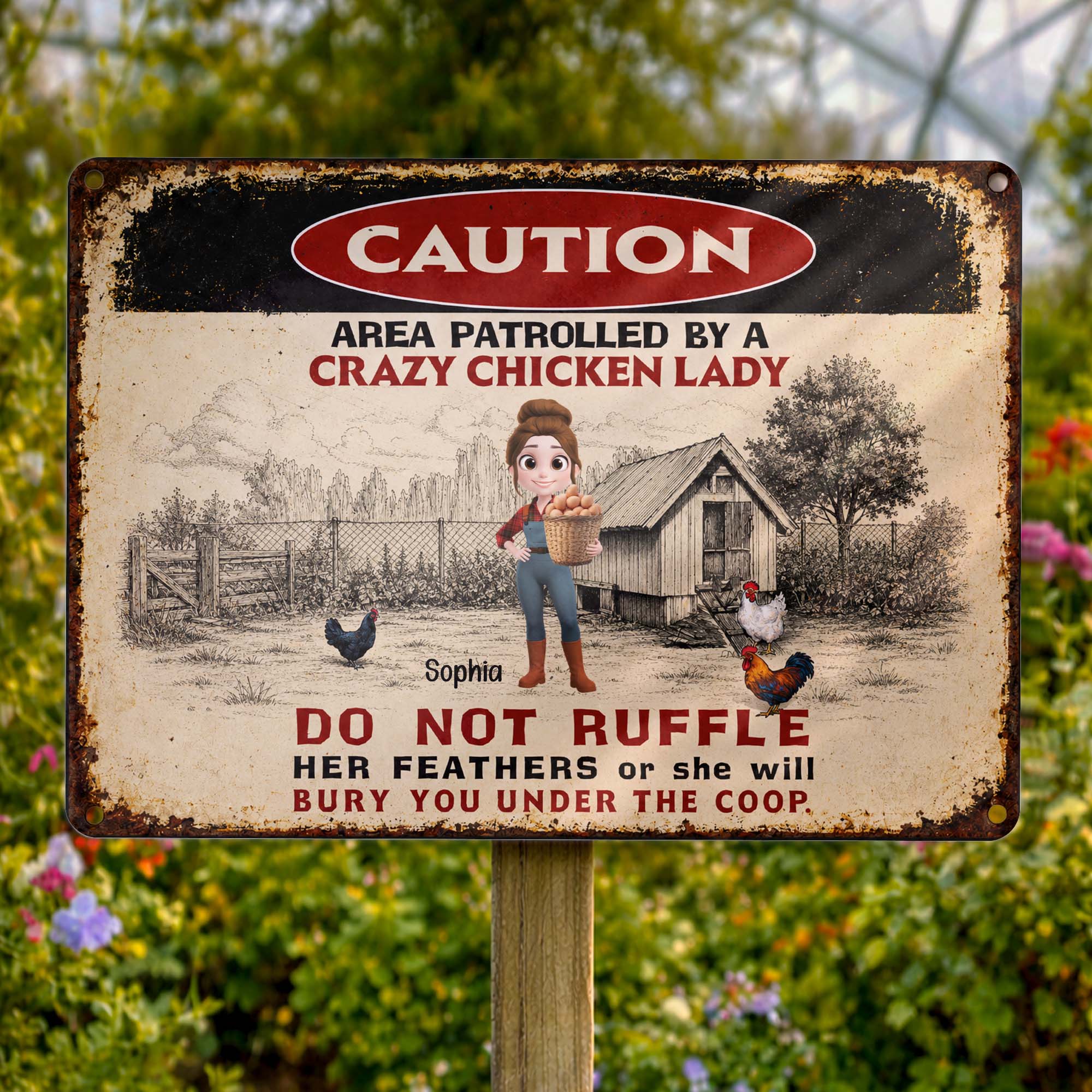 Personalized Metal Sign Caution Crazy Chicken Lady Gift