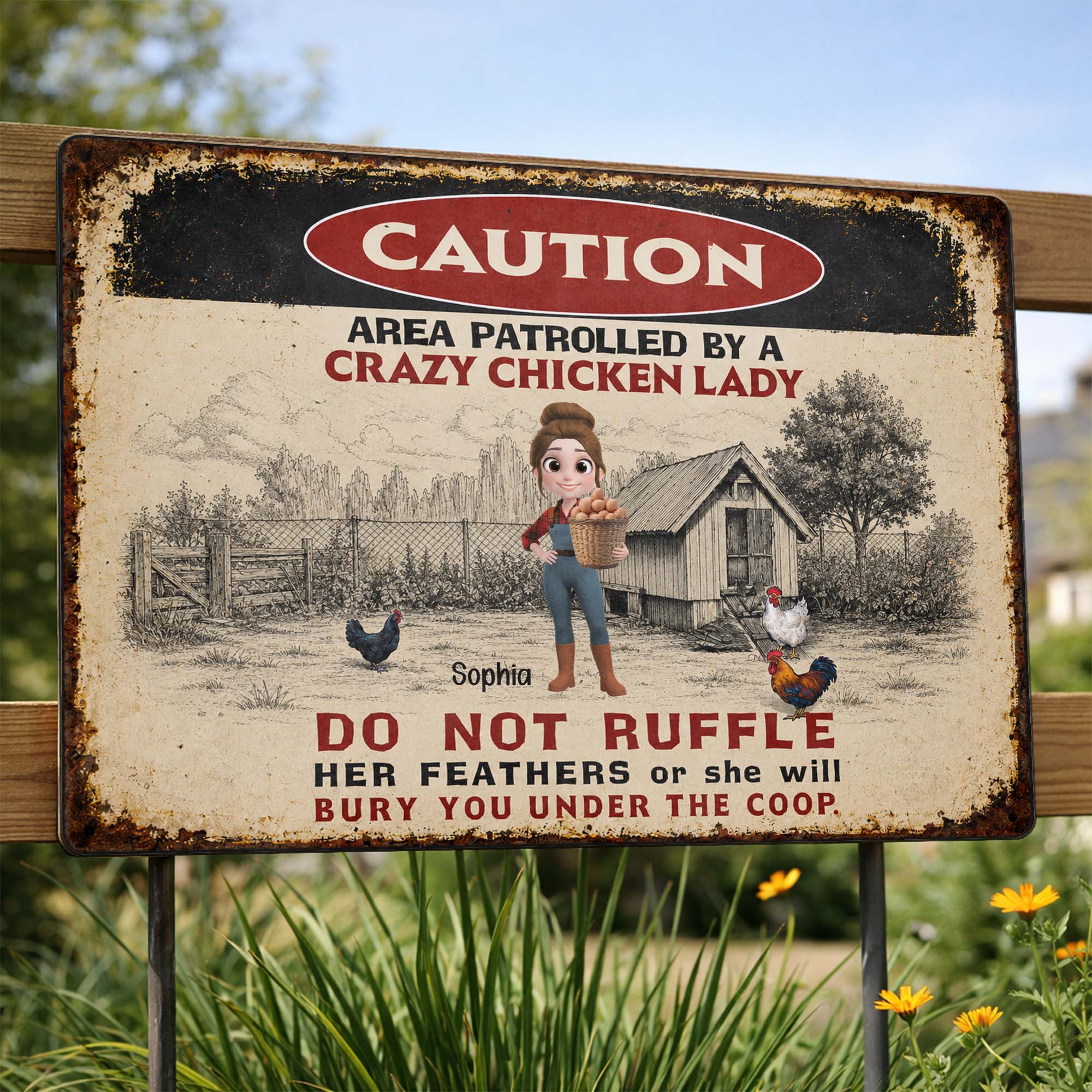 Personalized Metal Sign Caution Crazy Chicken Lady Gift