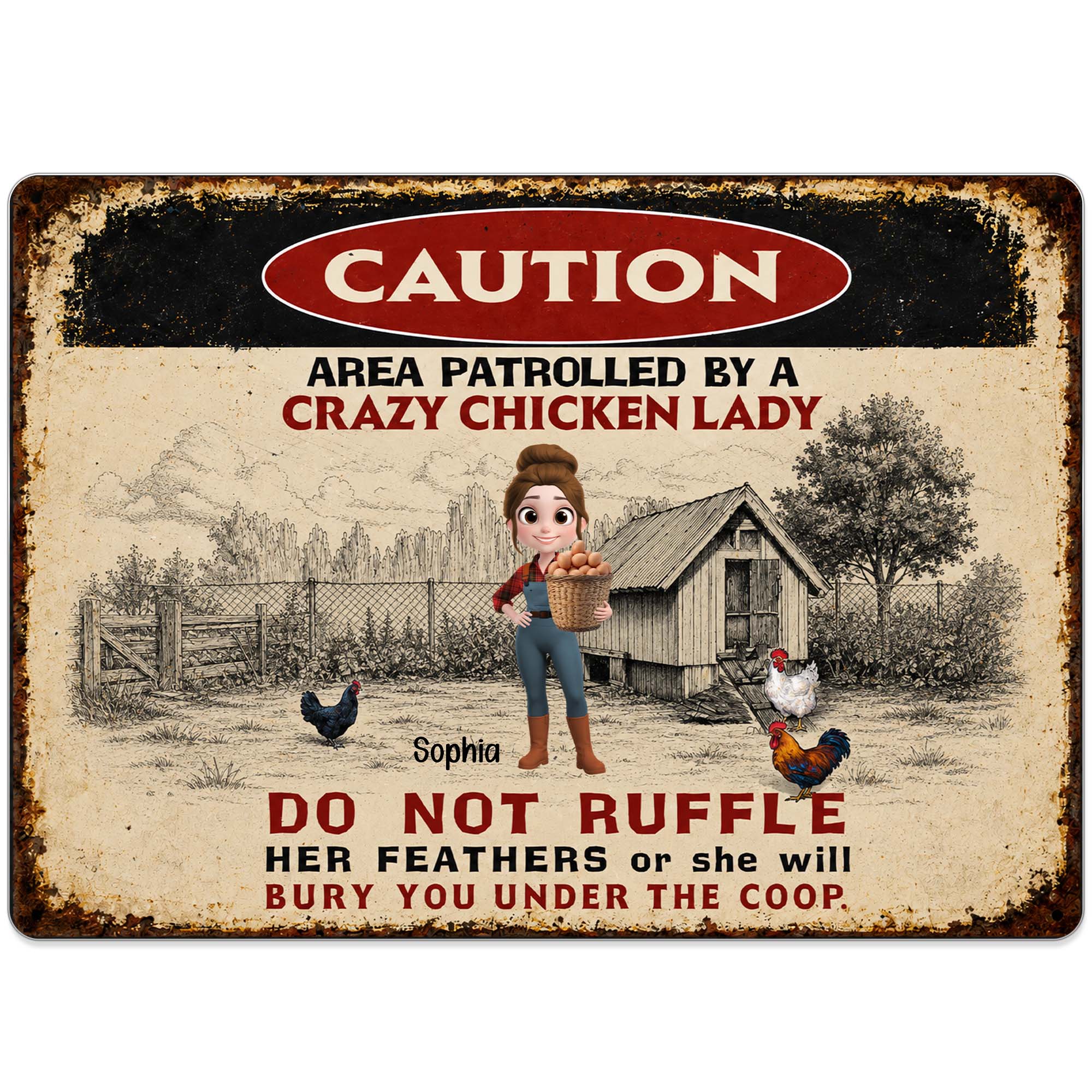 Personalized Metal Sign Caution Crazy Chicken Lady Gift