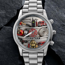 Load image into Gallery viewer, Personalized Fire Truck Men's Watch Custom Name Gift for Dad
