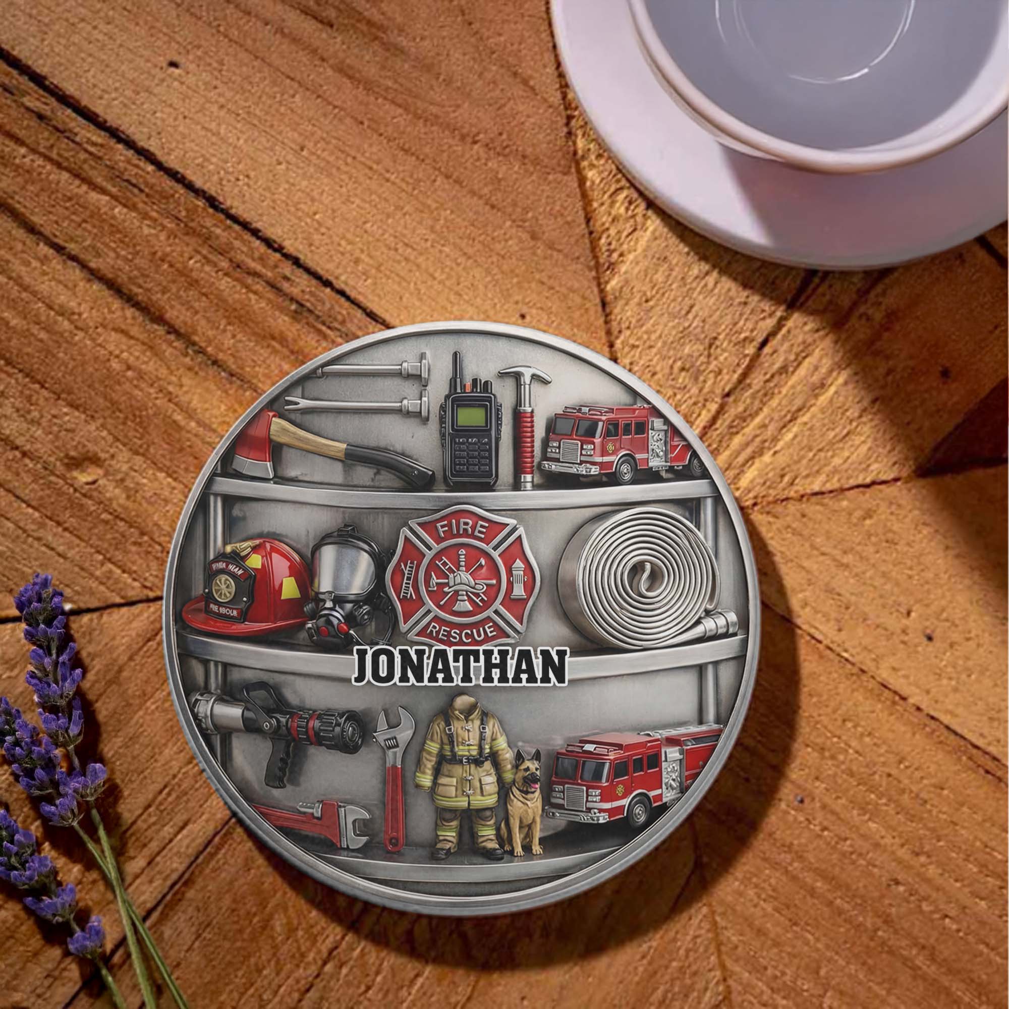 Personalized Firefighter Coaster Custom Name Gift for Dad
