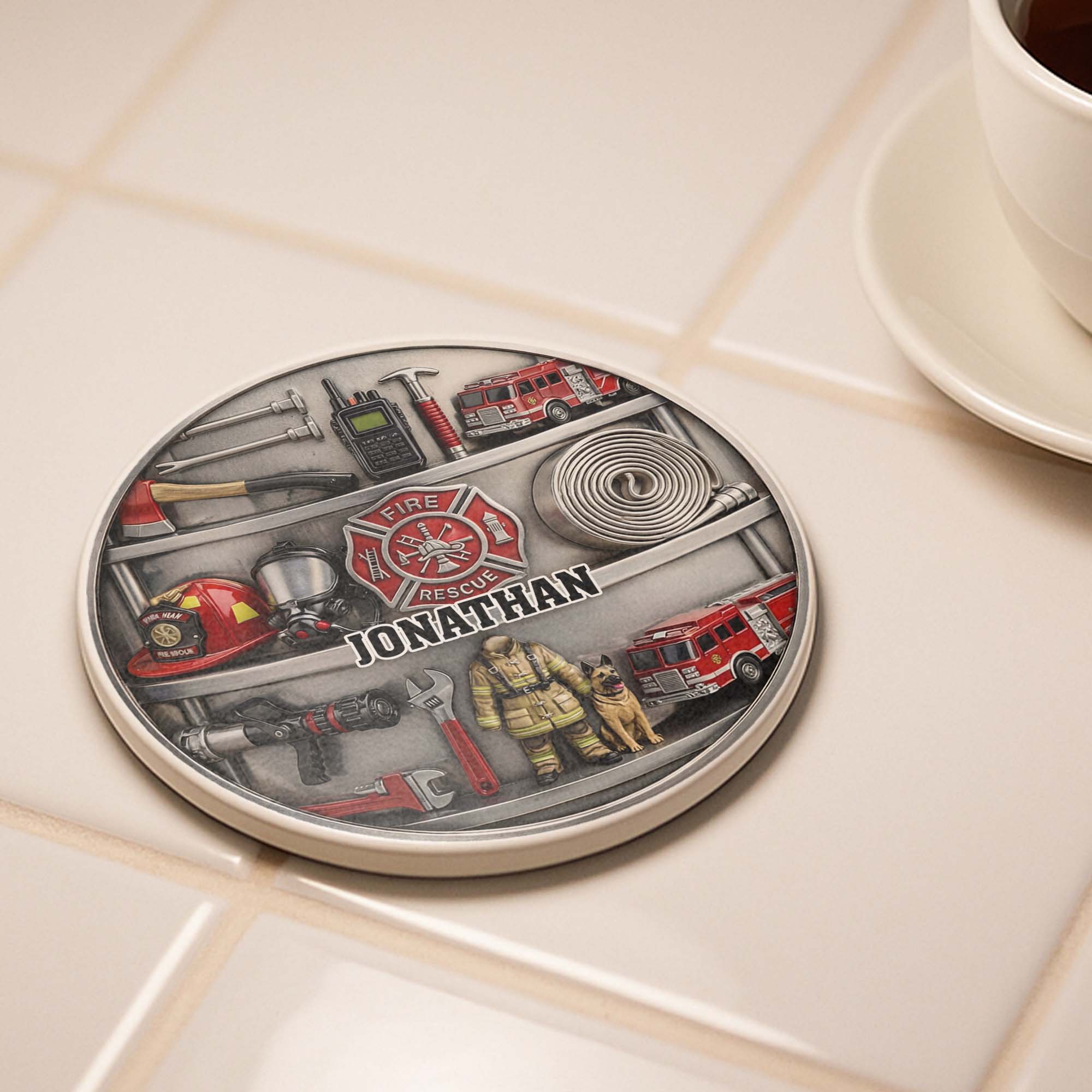 Personalized Firefighter Coaster Custom Name Gift for Dad