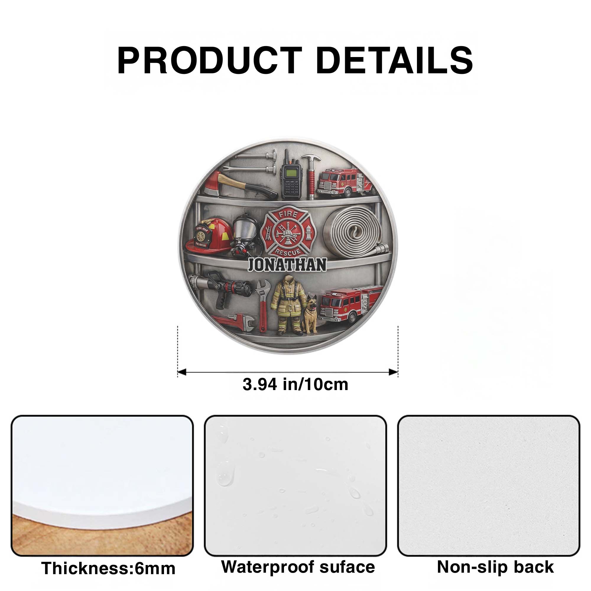 Personalized Firefighter Coaster Custom Name Gift for Dad