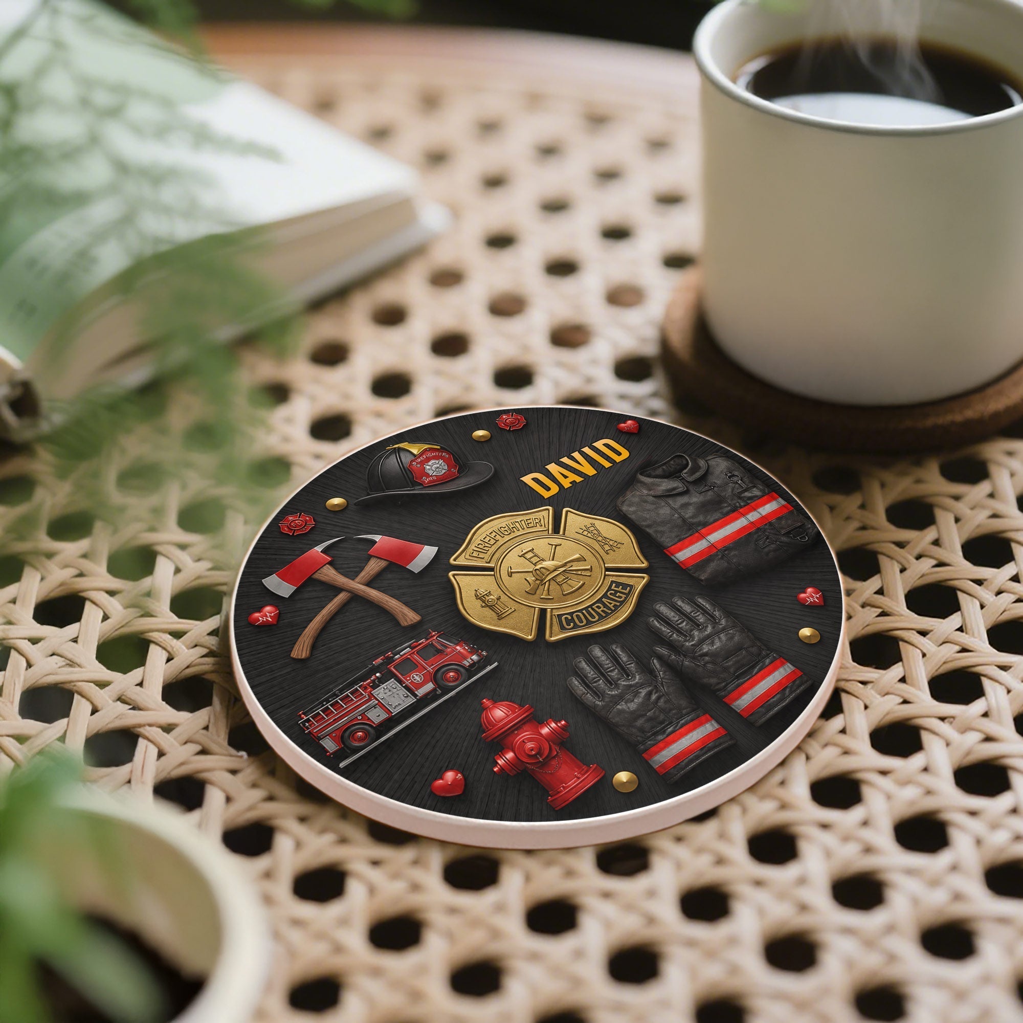 Personalized Firefighter Ceramic Coaster Custom Name Gift