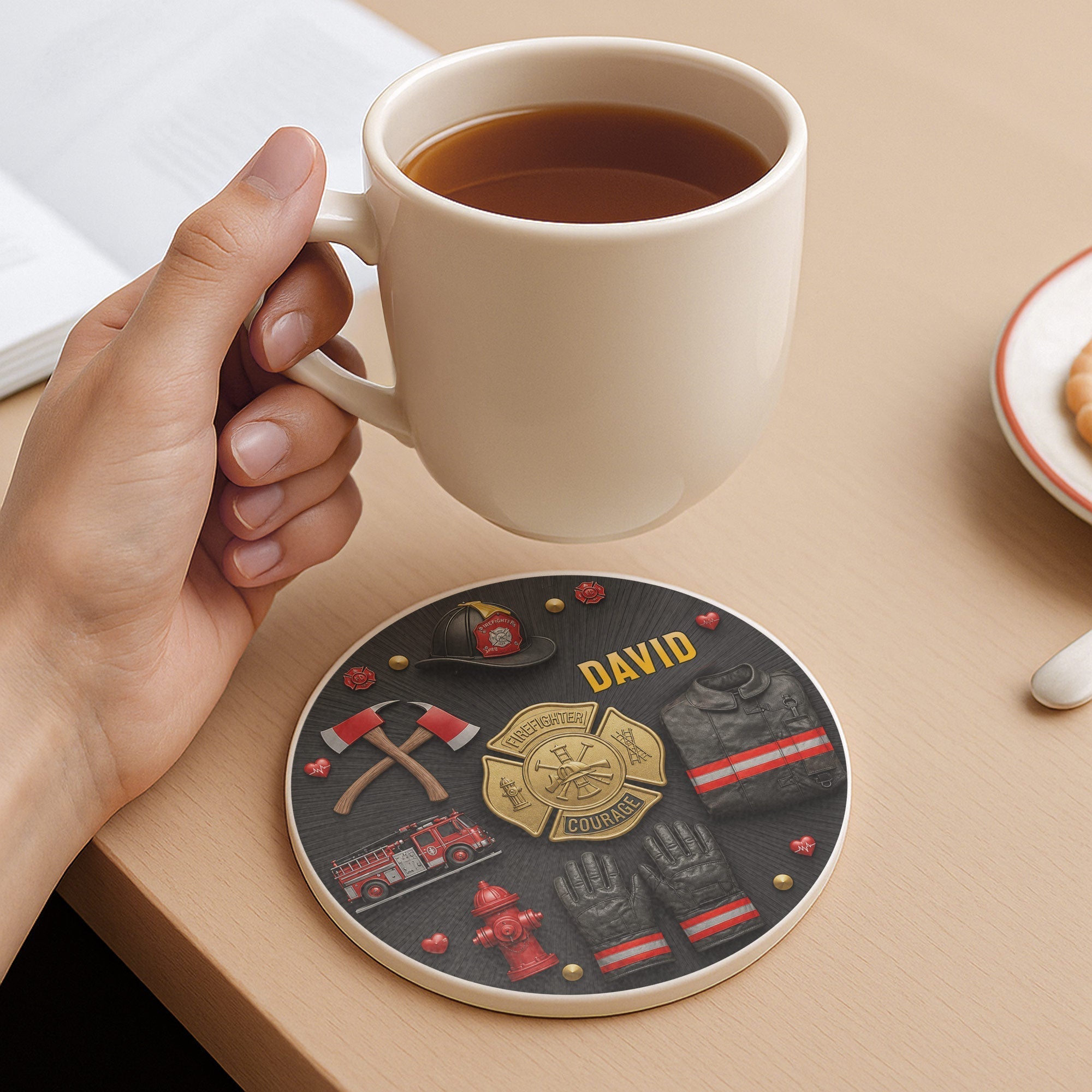 Personalized Firefighter Ceramic Coaster Custom Name Gift