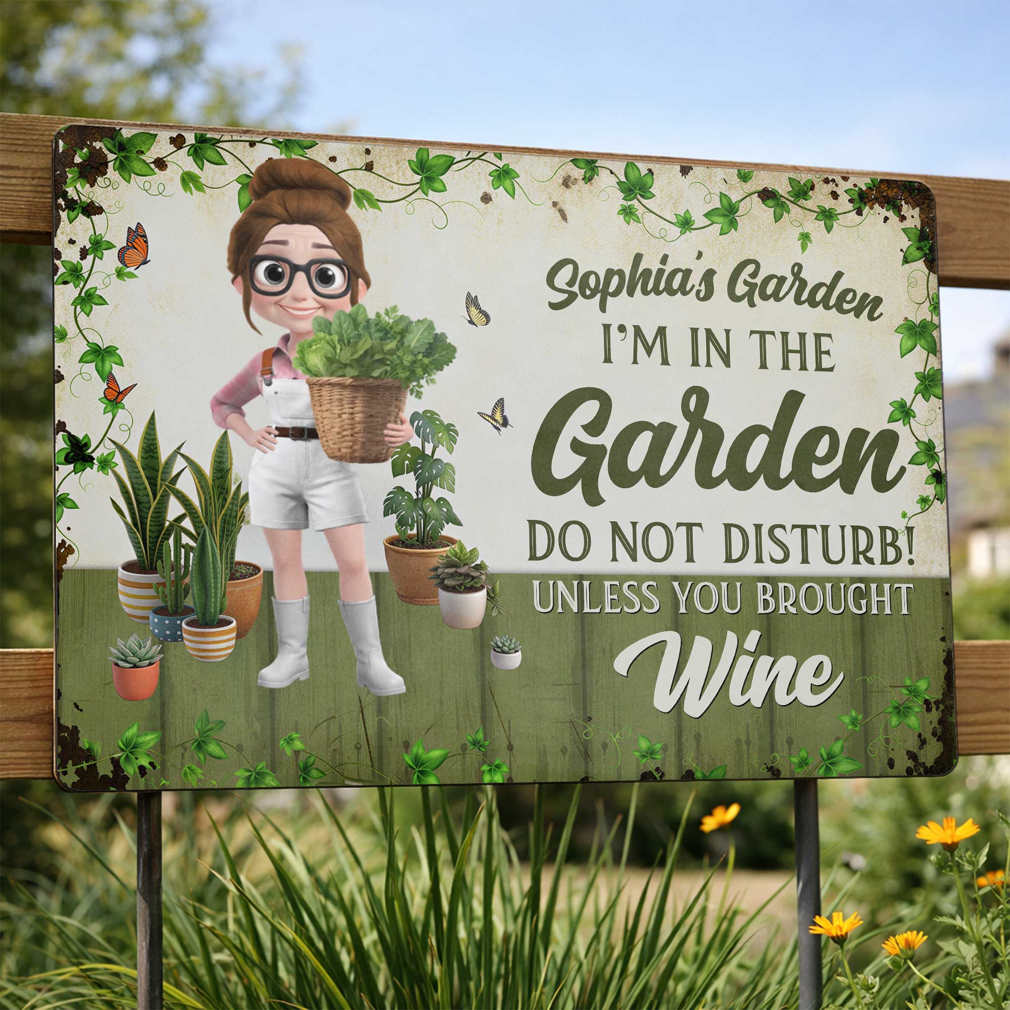 Personalized Metal Garden Sign Custom Name Wine Gift for Mom
