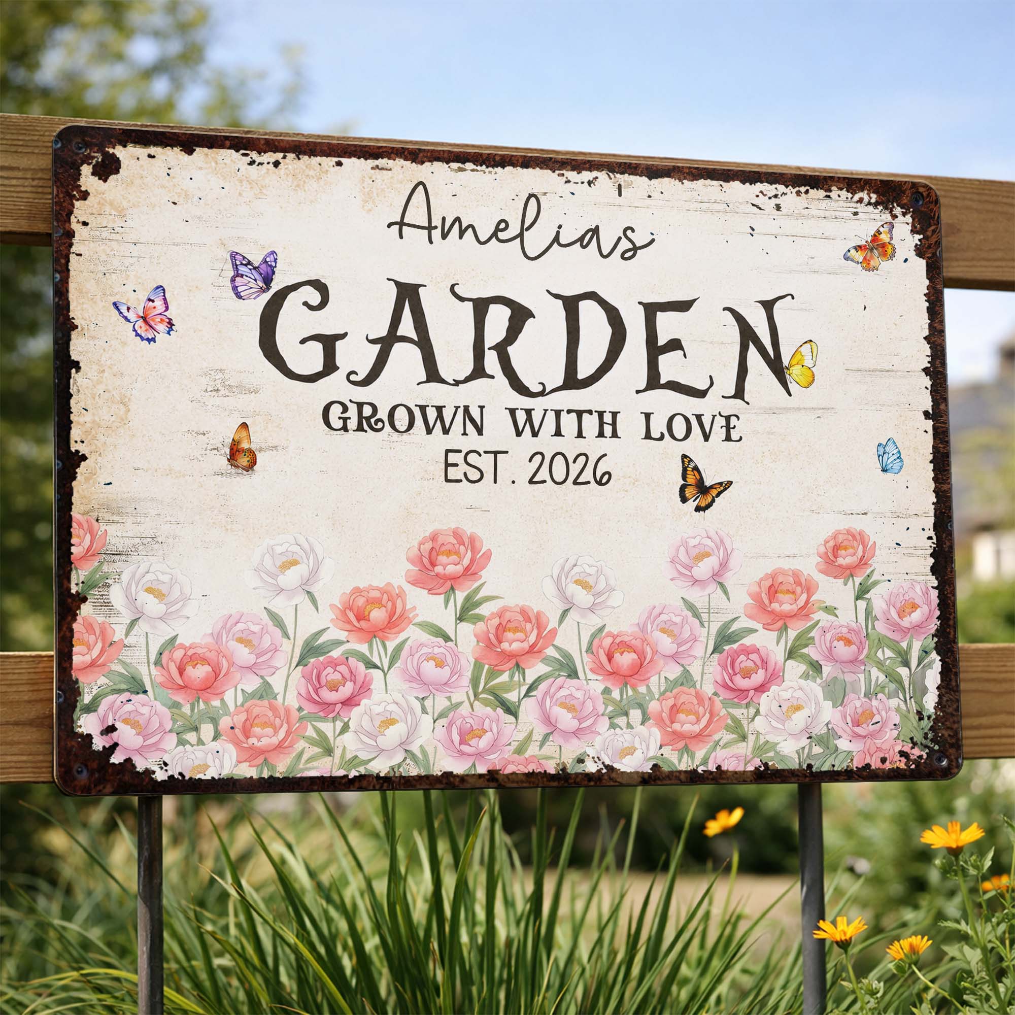 Personalized Floral Metal Sign with Butterflies Gift for Mom