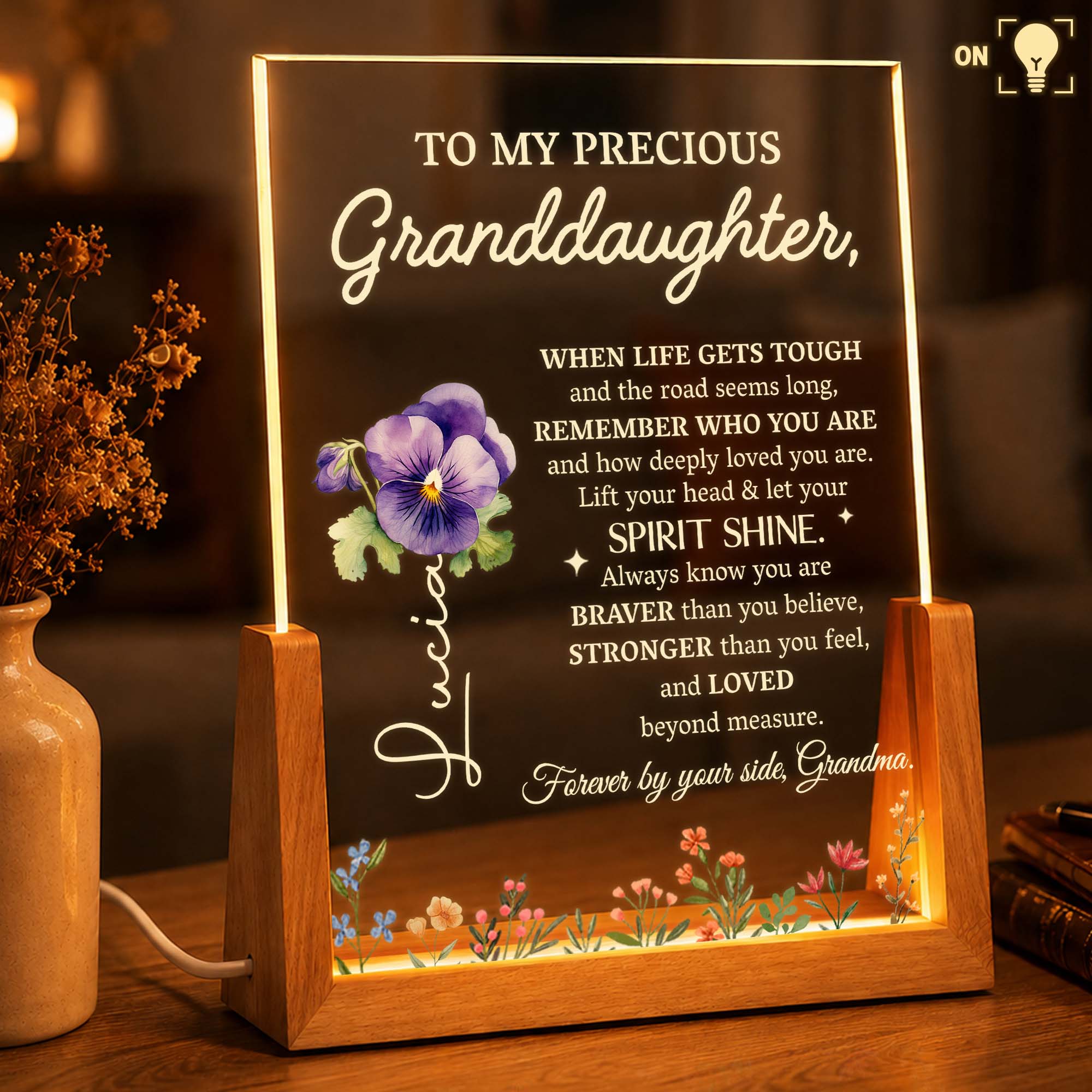 Personalized Acrylic Night Light Custom for Granddaughter Flower Gift