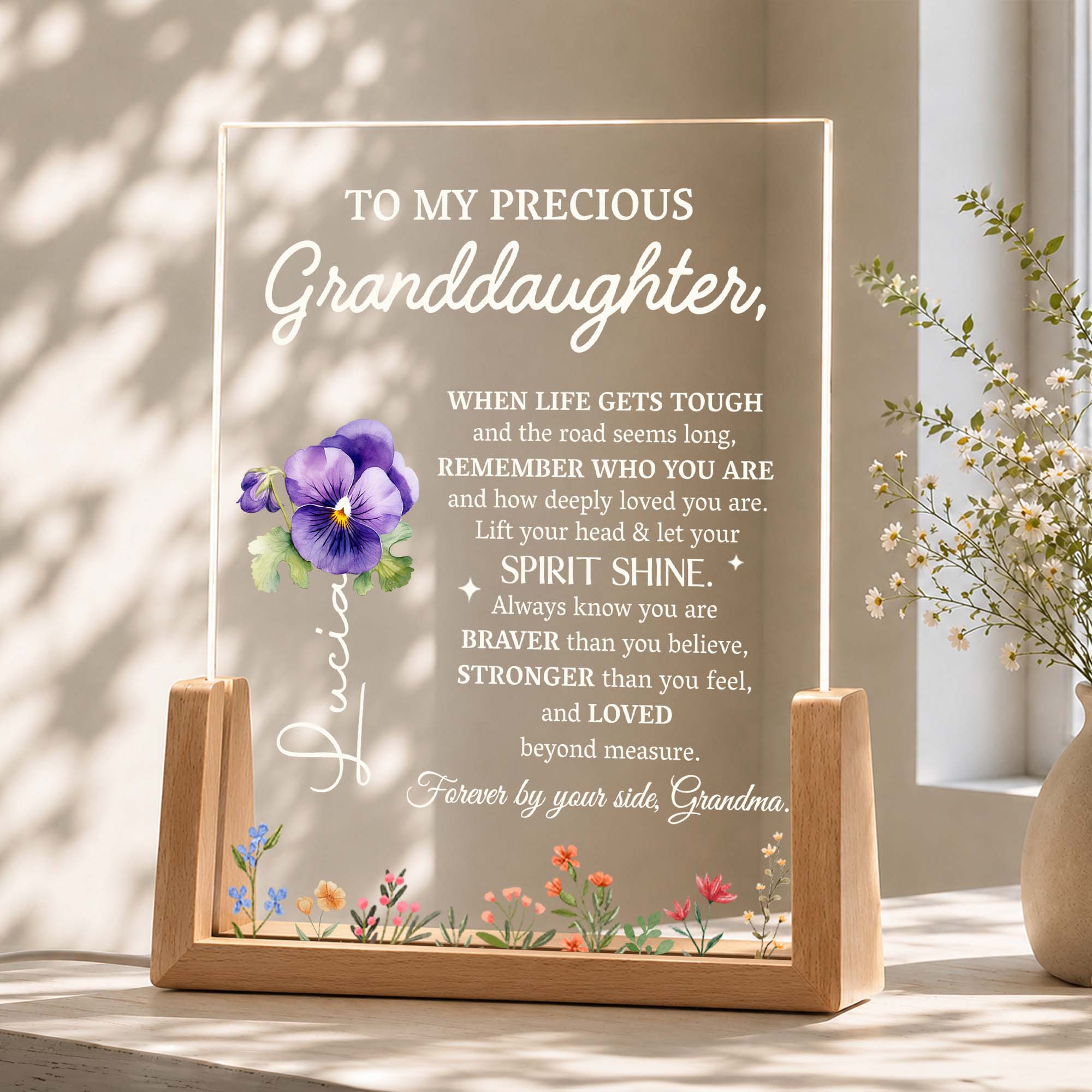 Personalized Acrylic Night Light Custom for Granddaughter Flower Gift