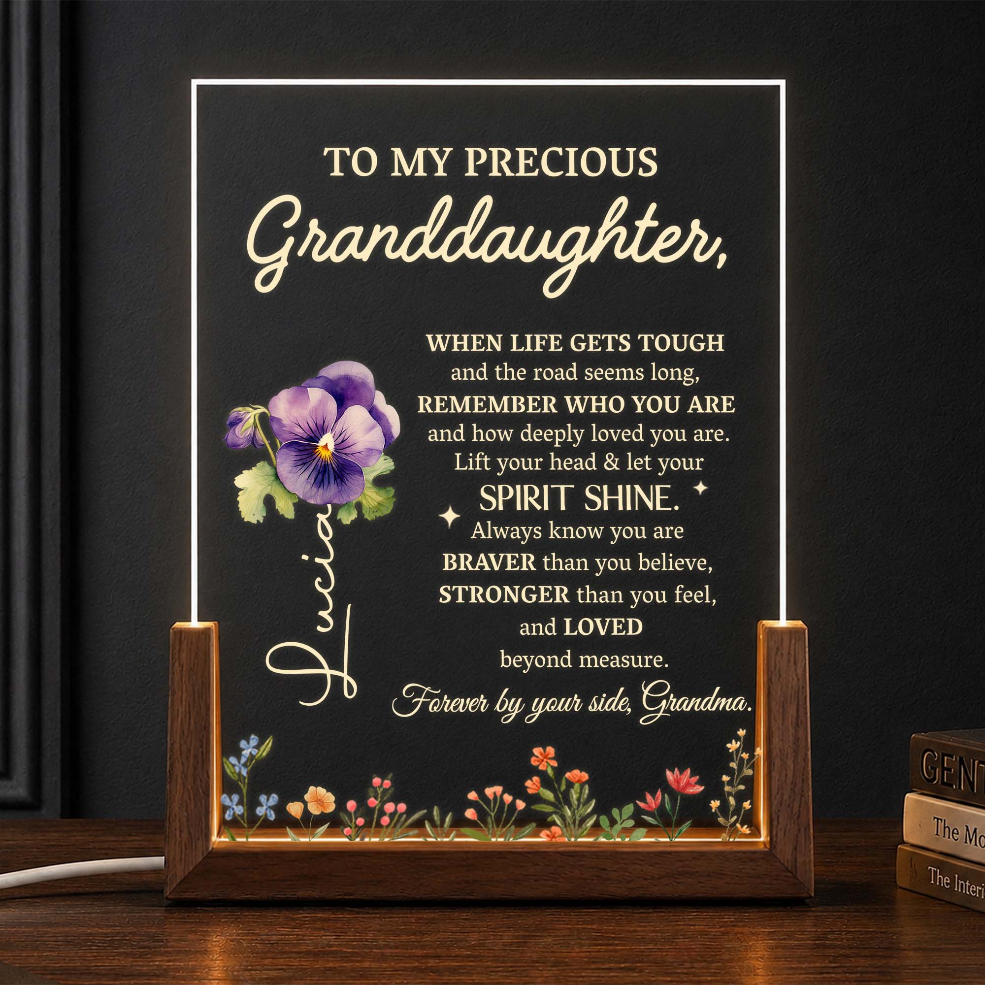 Personalized Acrylic Night Light Custom for Granddaughter Flower Gift
