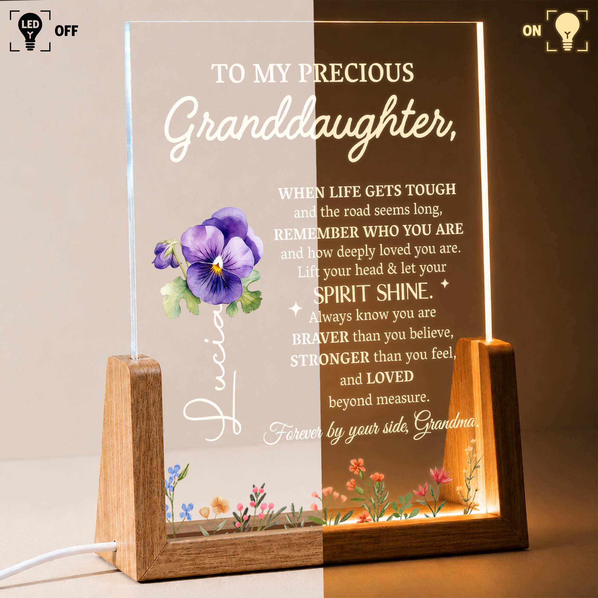 Personalized Acrylic Night Light Custom for Granddaughter Flower Gift
