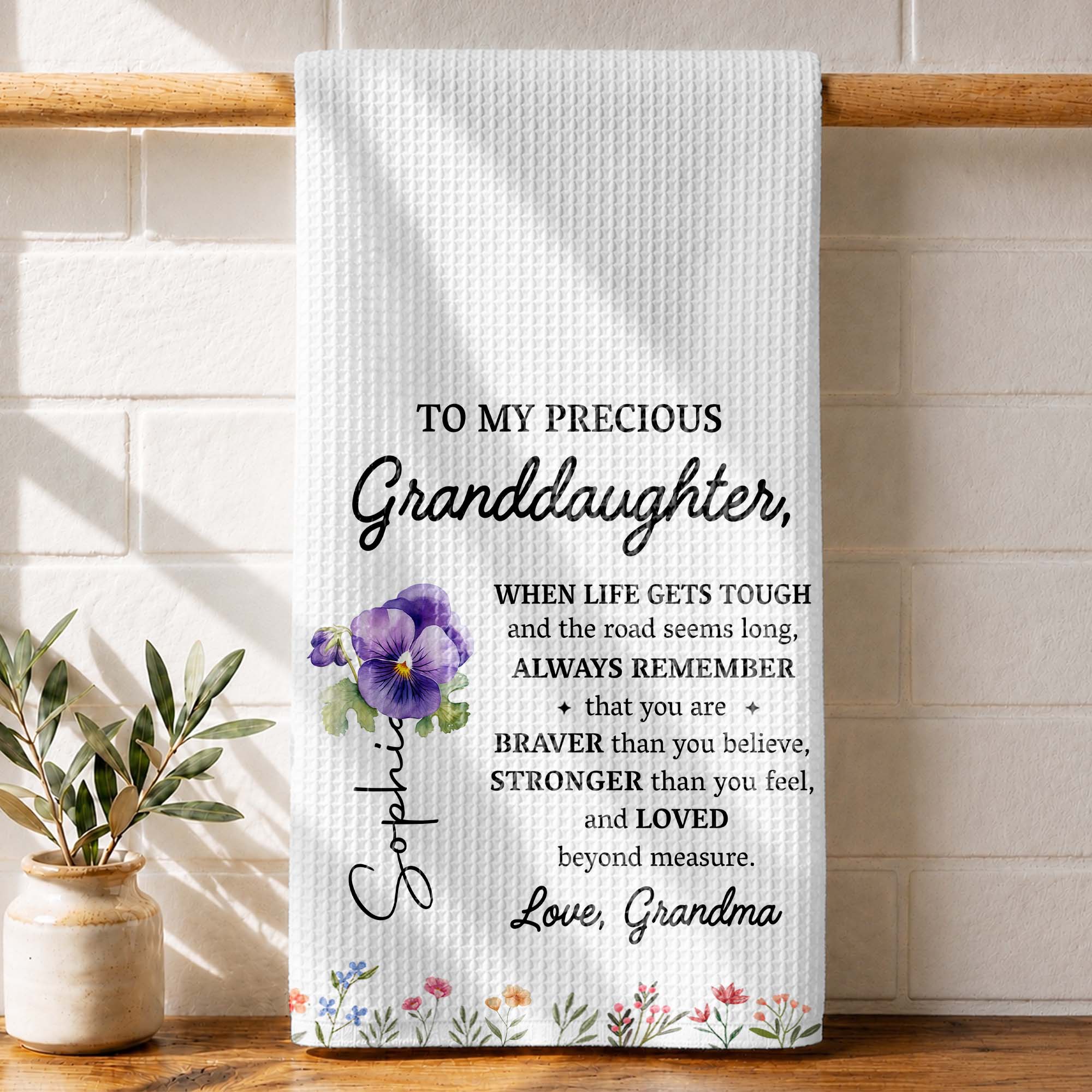 Personalized Kitchen Towel Gift for Granddaughter Birth Month Flowers