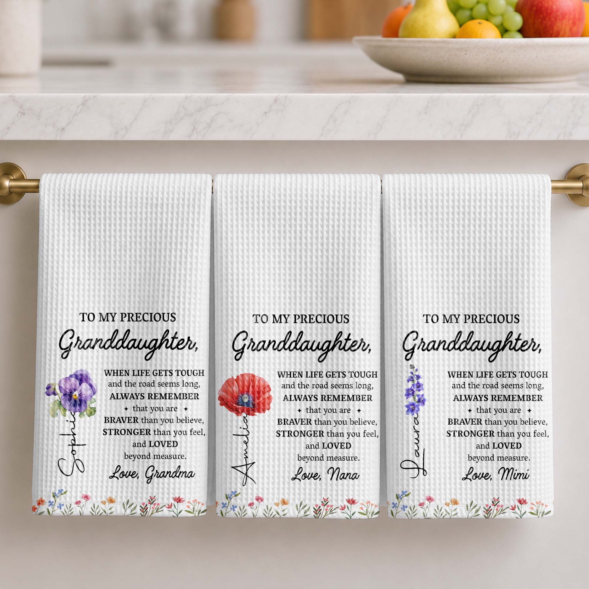 Personalized Kitchen Towel Gift for Granddaughter Birth Month Flowers