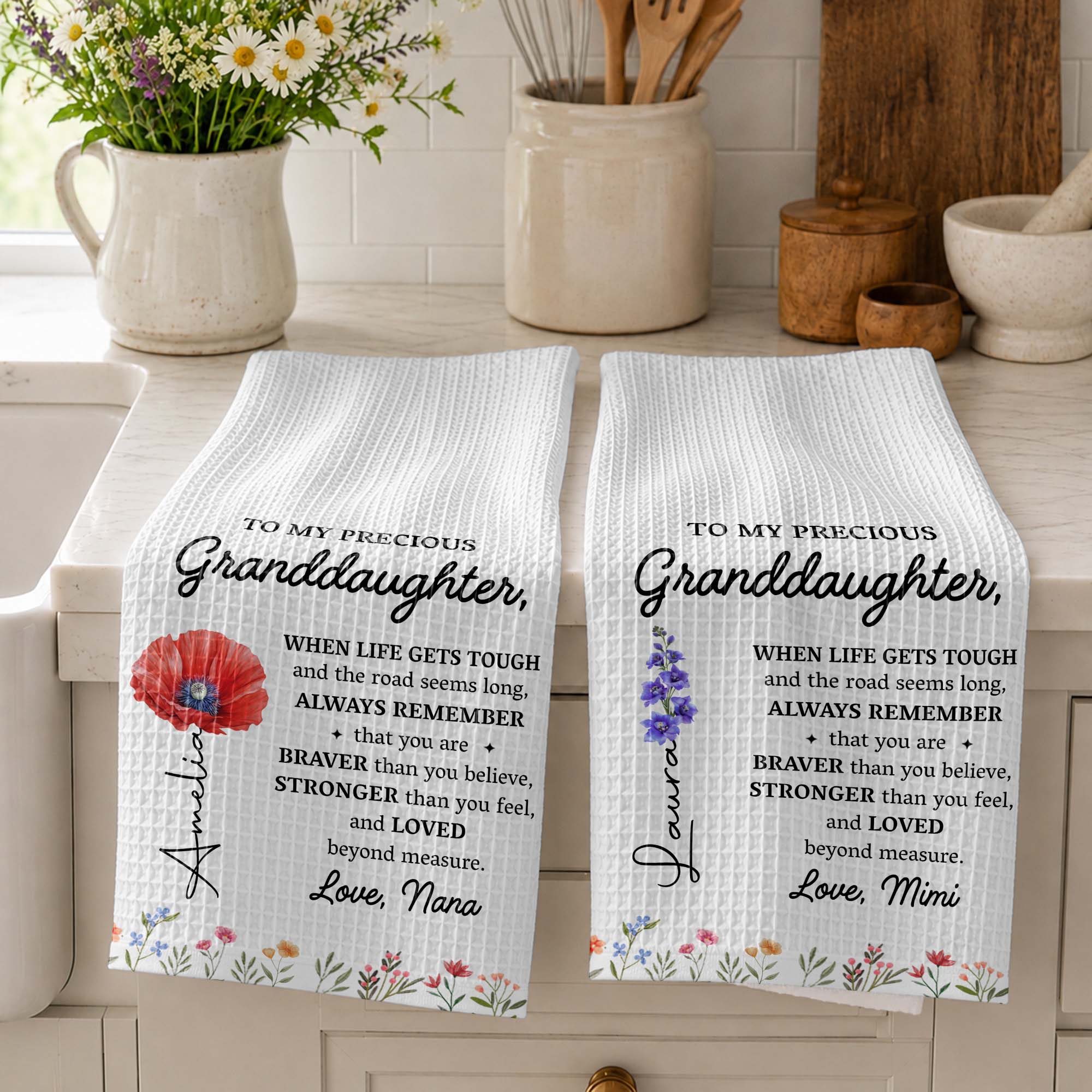 Personalized Kitchen Towel Gift for Granddaughter Birth Month Flowers