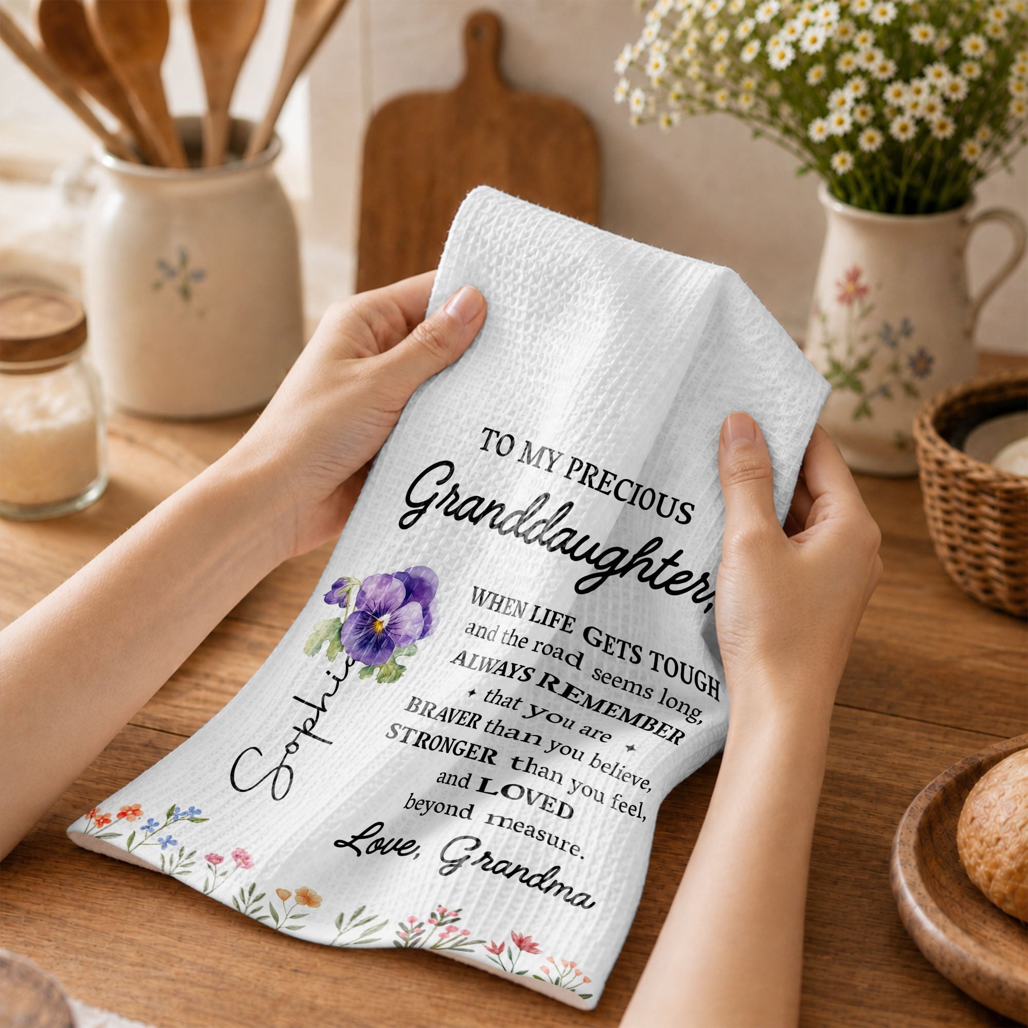 Personalized Kitchen Towel Gift for Granddaughter Birth Month Flowers