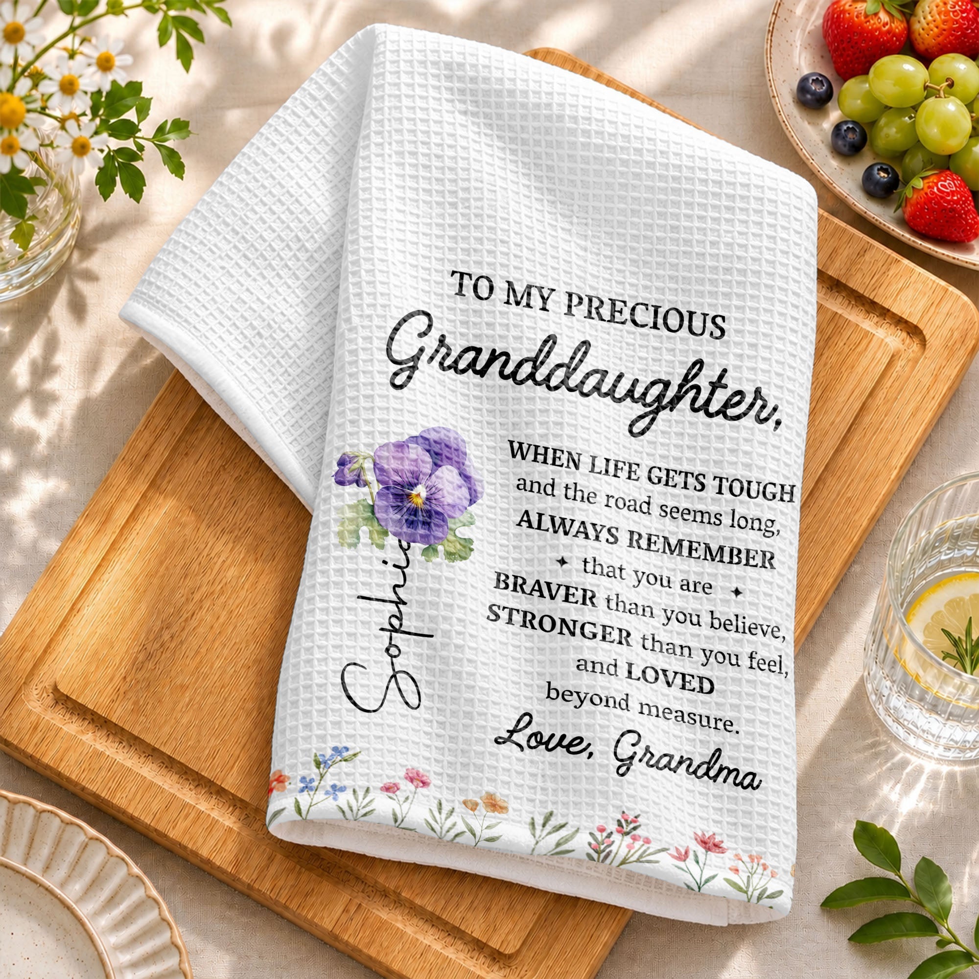 Personalized Kitchen Towel Gift for Granddaughter Birth Month Flowers