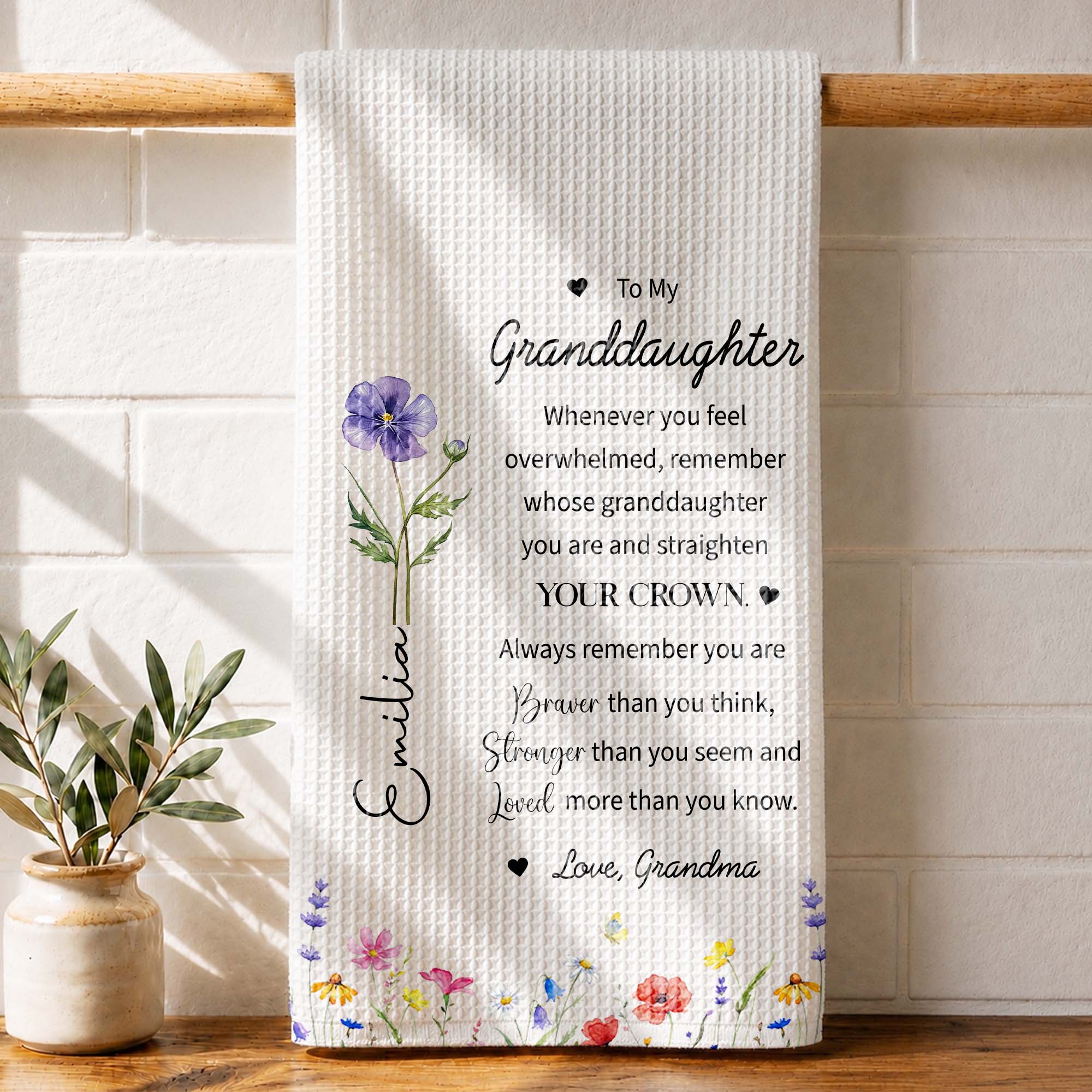 Personalized Kitchen Towel Custom Birth Month Flower Gift for Granddaughter