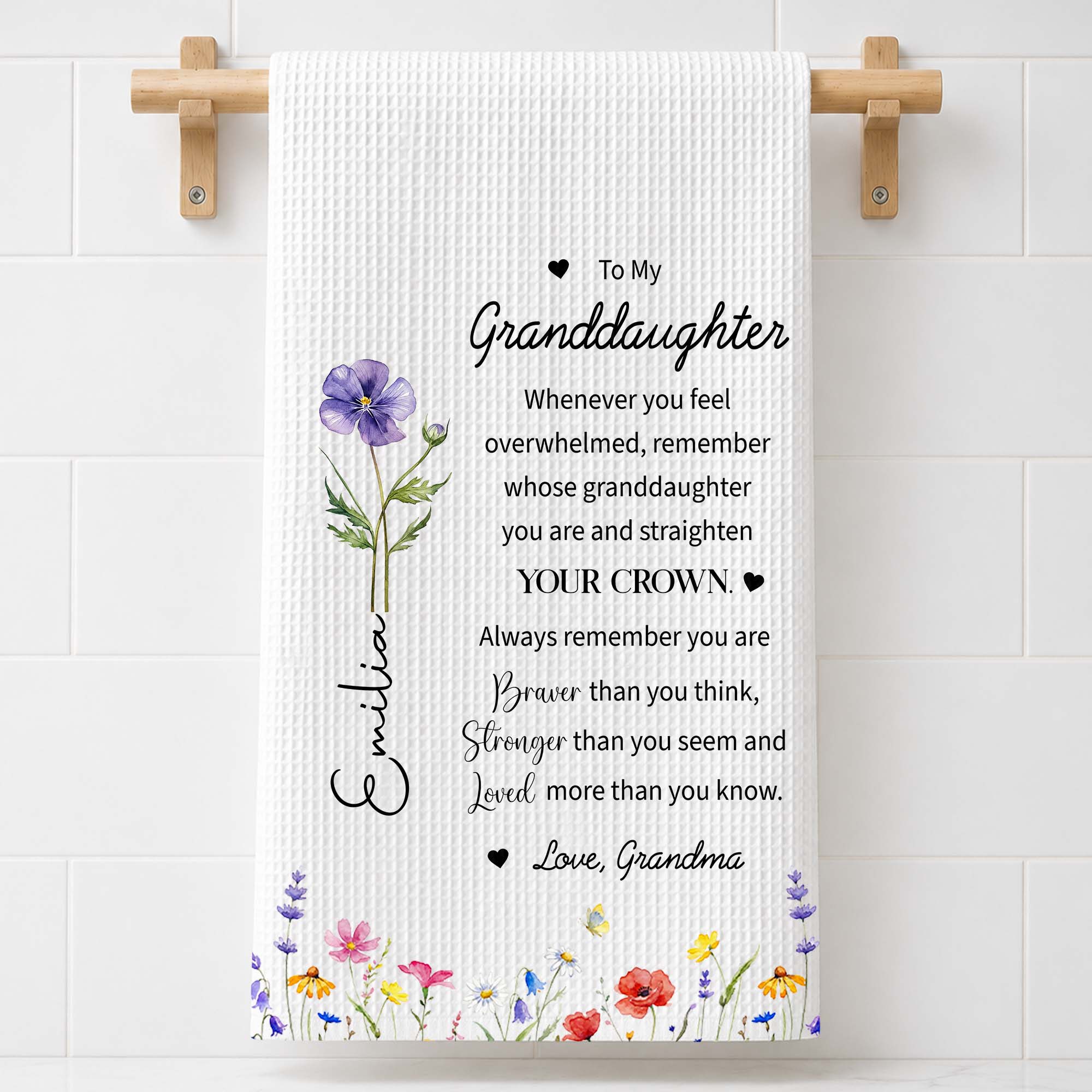 Personalized Kitchen Towel Custom Birth Month Flower Gift for Granddaughter