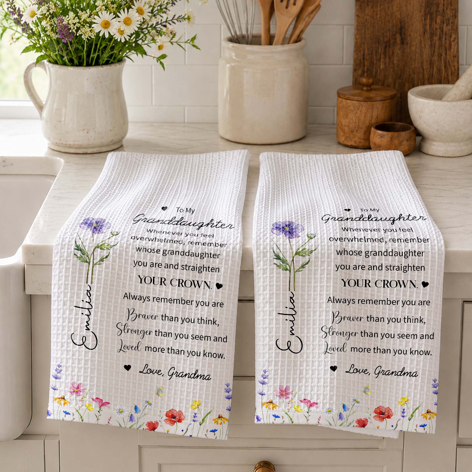 Personalized Kitchen Towel Custom Birth Month Flower Gift for Granddaughter