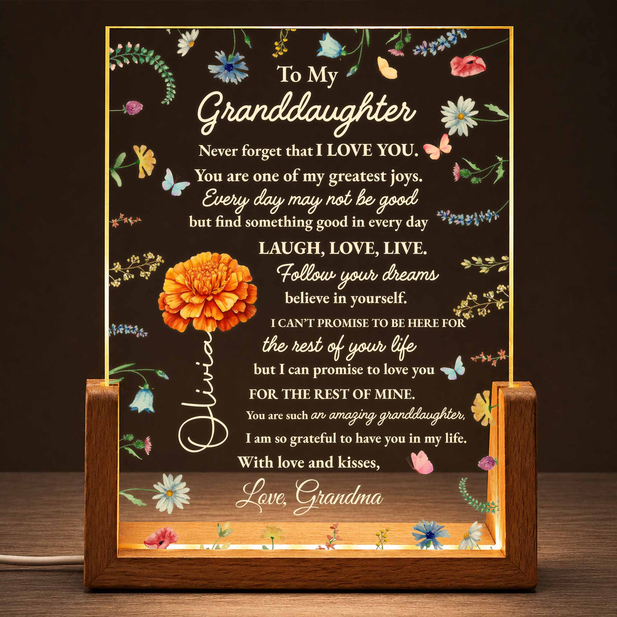 Personalized Acrylic Night Light for Granddaughter with Wooden Base