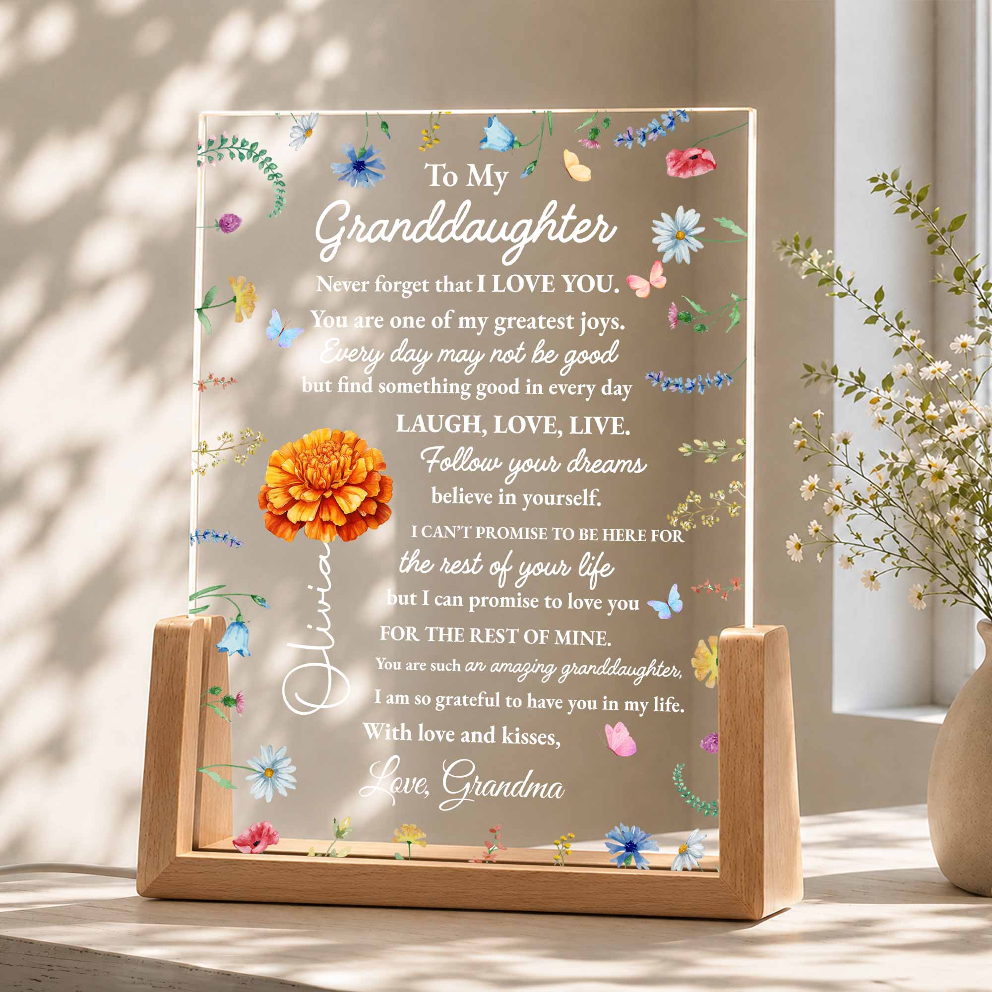 Personalized Acrylic Night Light for Granddaughter with Wooden Base