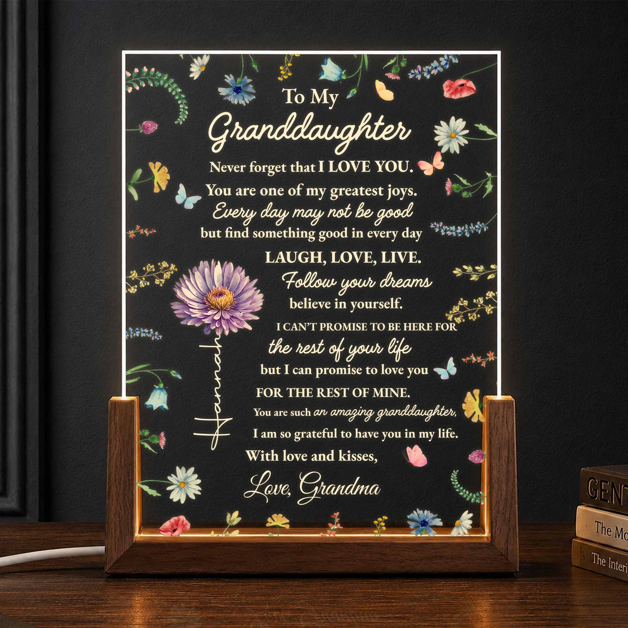 Personalized Acrylic Night Light for Granddaughter with Wooden Base