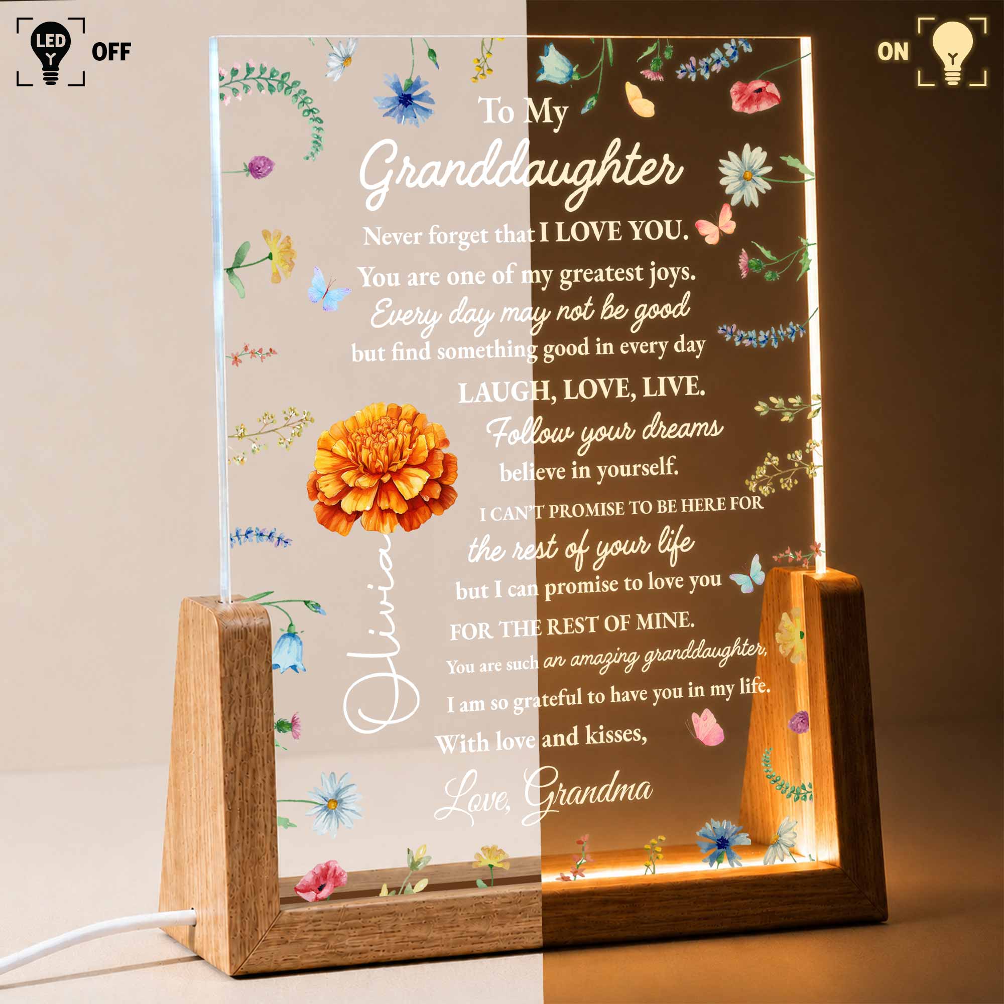 Personalized Acrylic Night Light for Granddaughter with Wooden Base