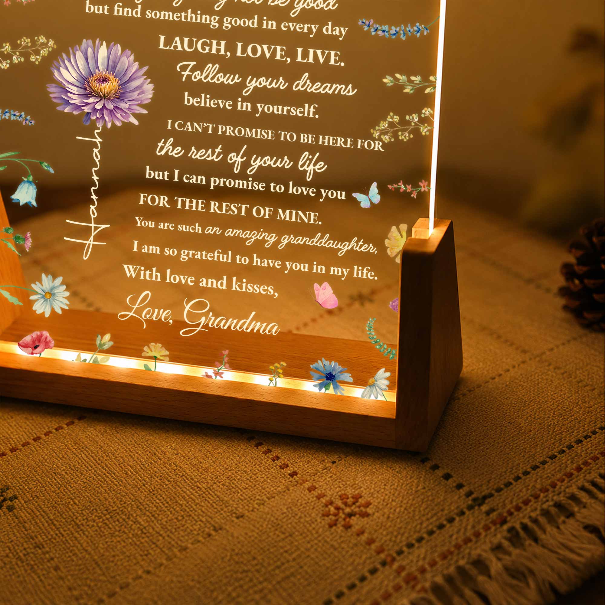 Personalized Acrylic Night Light for Granddaughter with Wooden Base