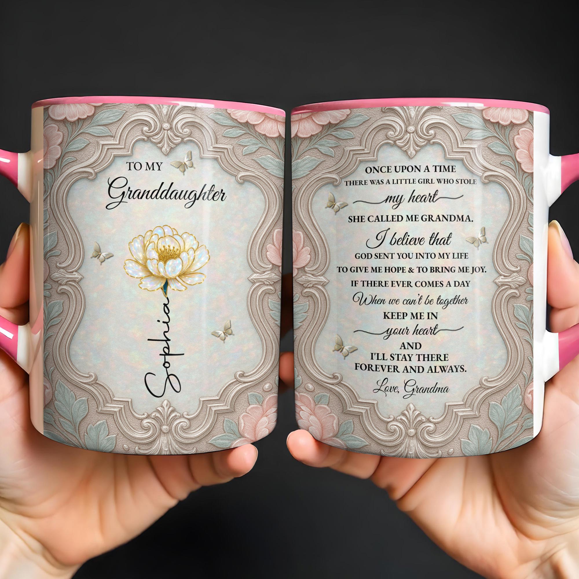 Personalized Birth Month Flower Accent Mug for Granddaughter