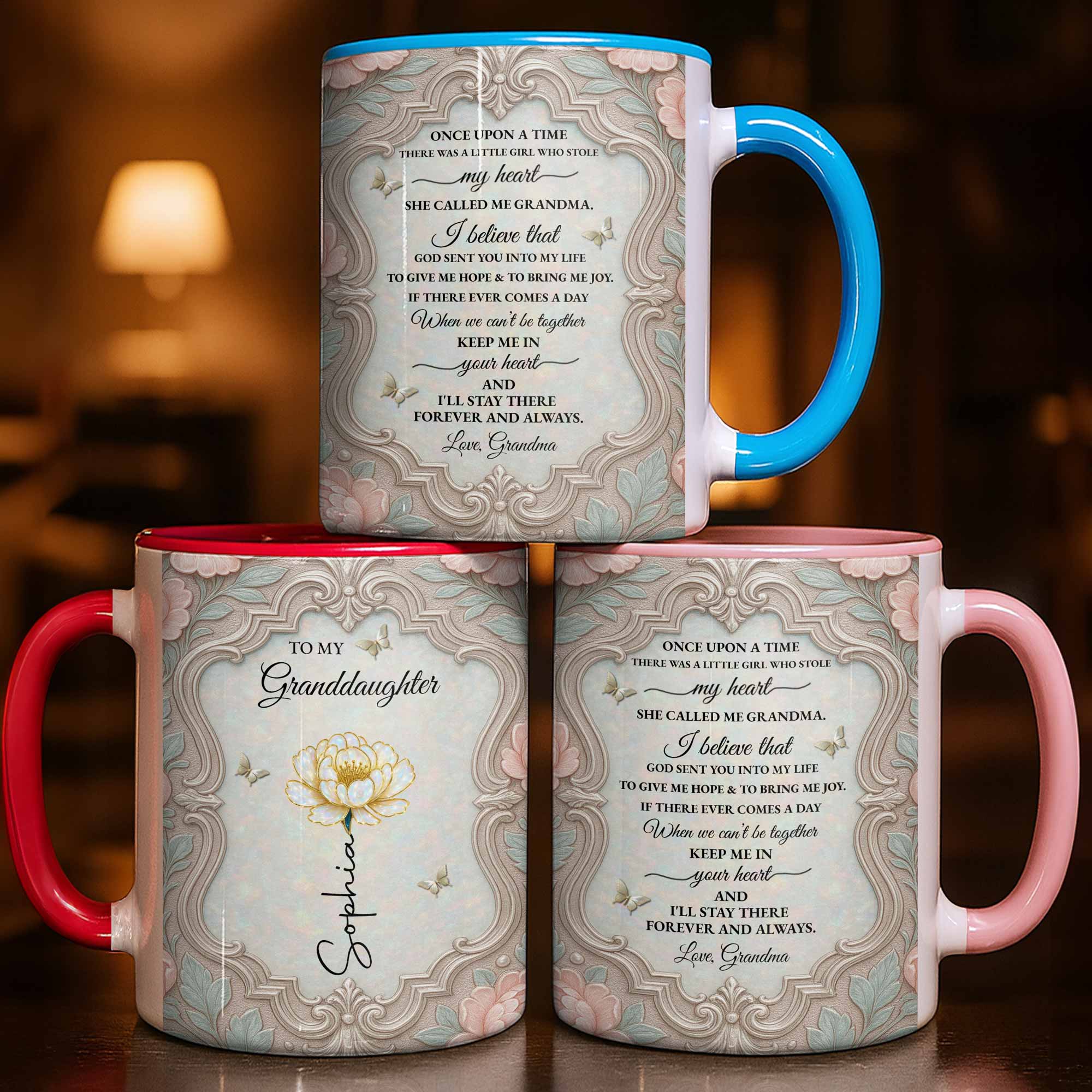 Personalized Birth Month Flower Accent Mug for Granddaughter