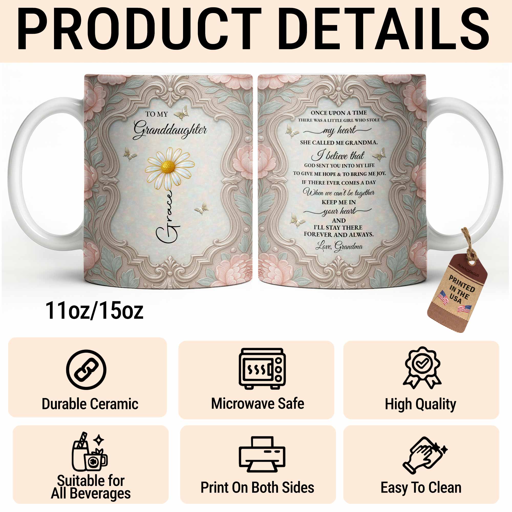 Personalized Flower Coffee Mug Gift for Granddaughter