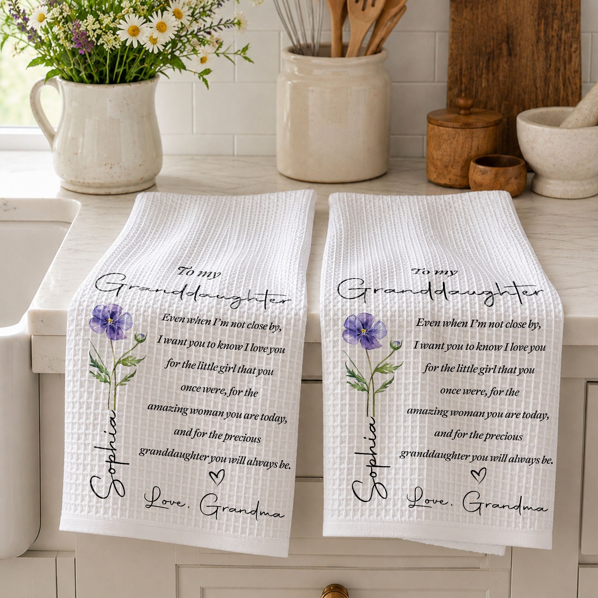 Personalized Kitchen Towel for Granddaughter with Birth Month Flower Gift