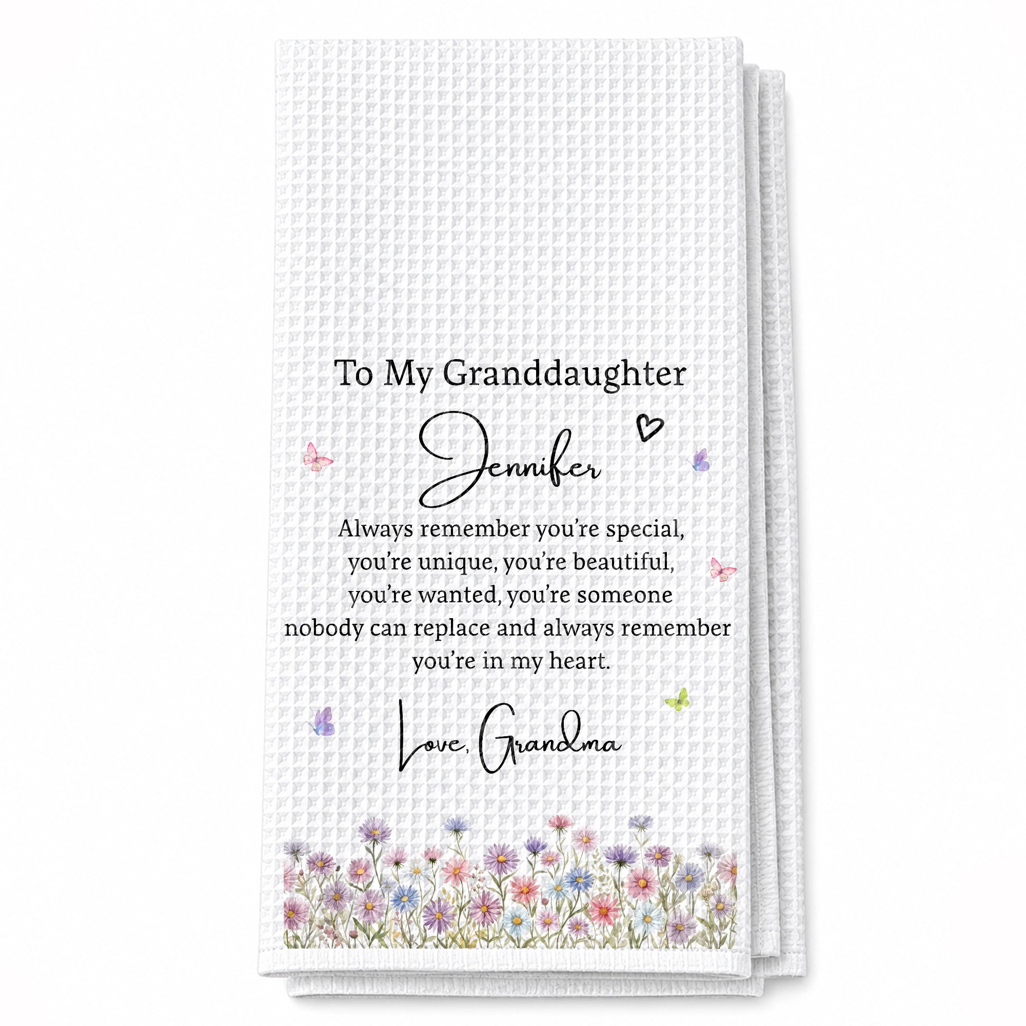 Personalized Kitchen Towel for Granddaughter with Flowers and Butterflies