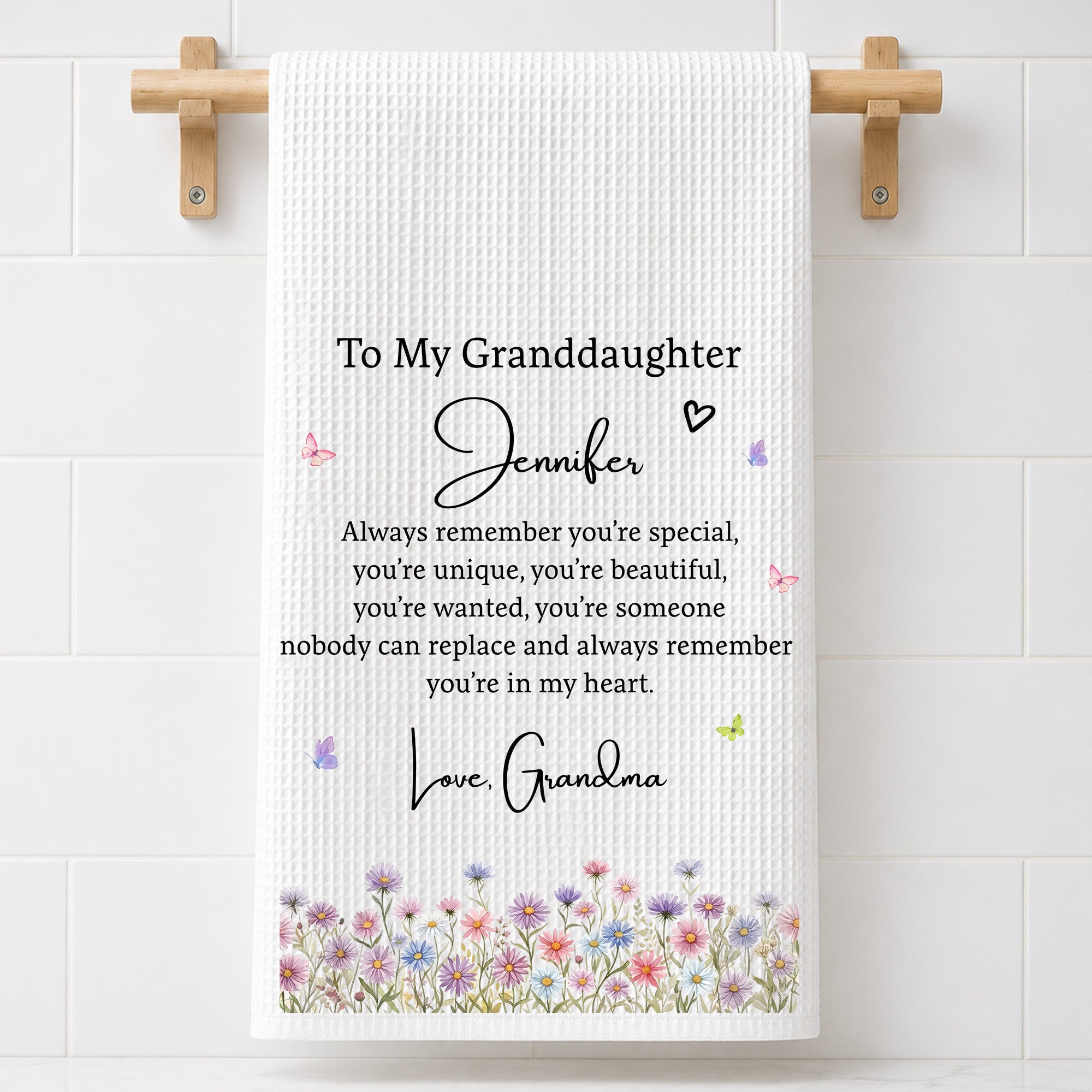Personalized Kitchen Towel for Granddaughter with Flowers and Butterflies
