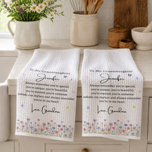 Load image into Gallery viewer, Personalized Kitchen Towel for Granddaughter with Flowers and Butterflies
