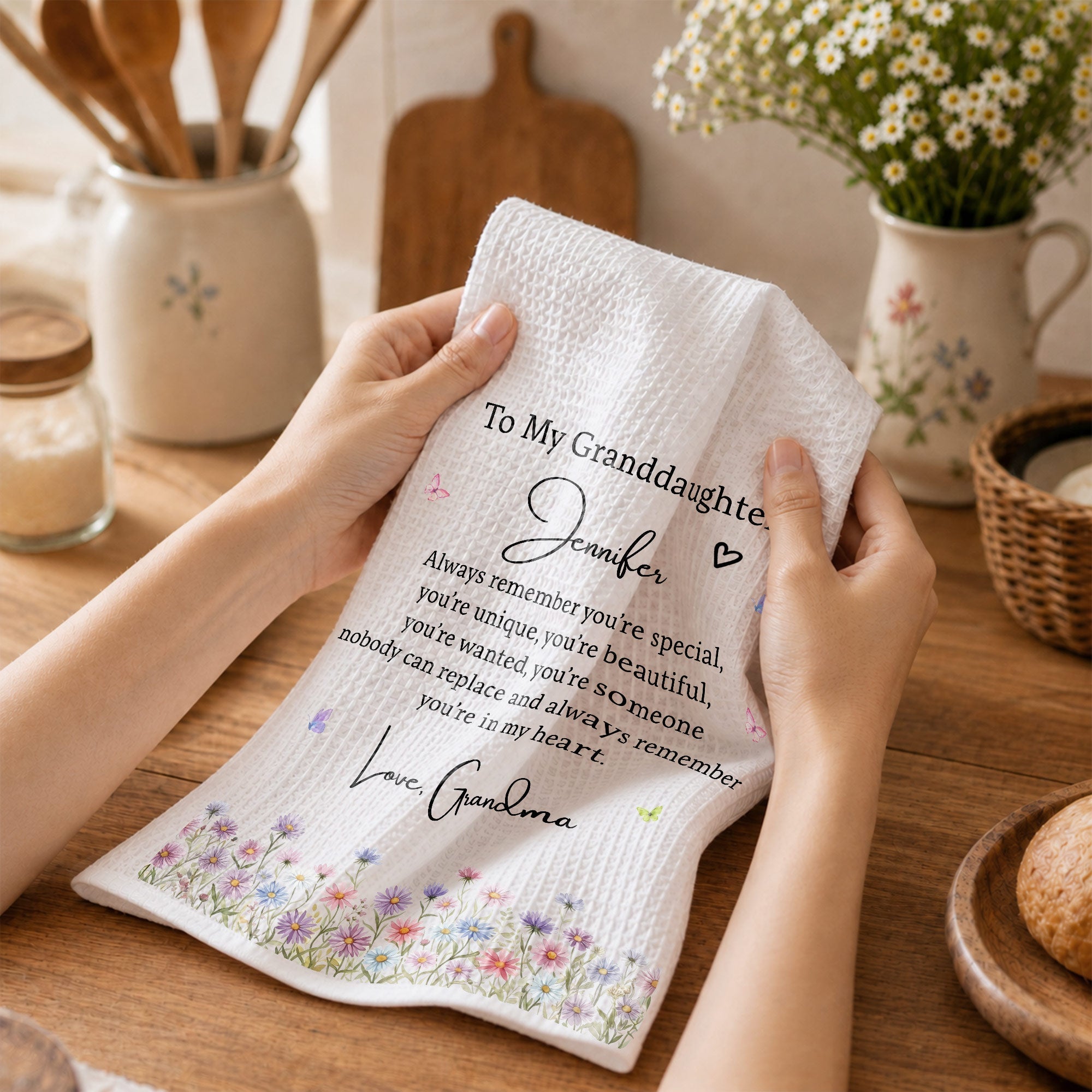 Personalized Kitchen Towel for Granddaughter with Flowers and Butterflies