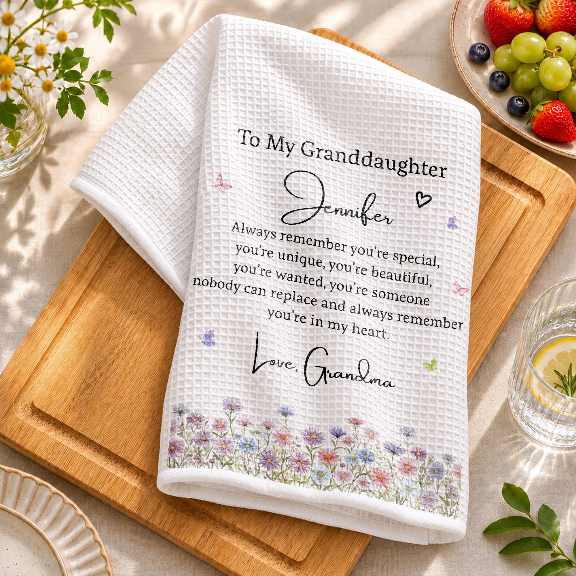 Personalized Kitchen Towel for Granddaughter with Flowers and Butterflies