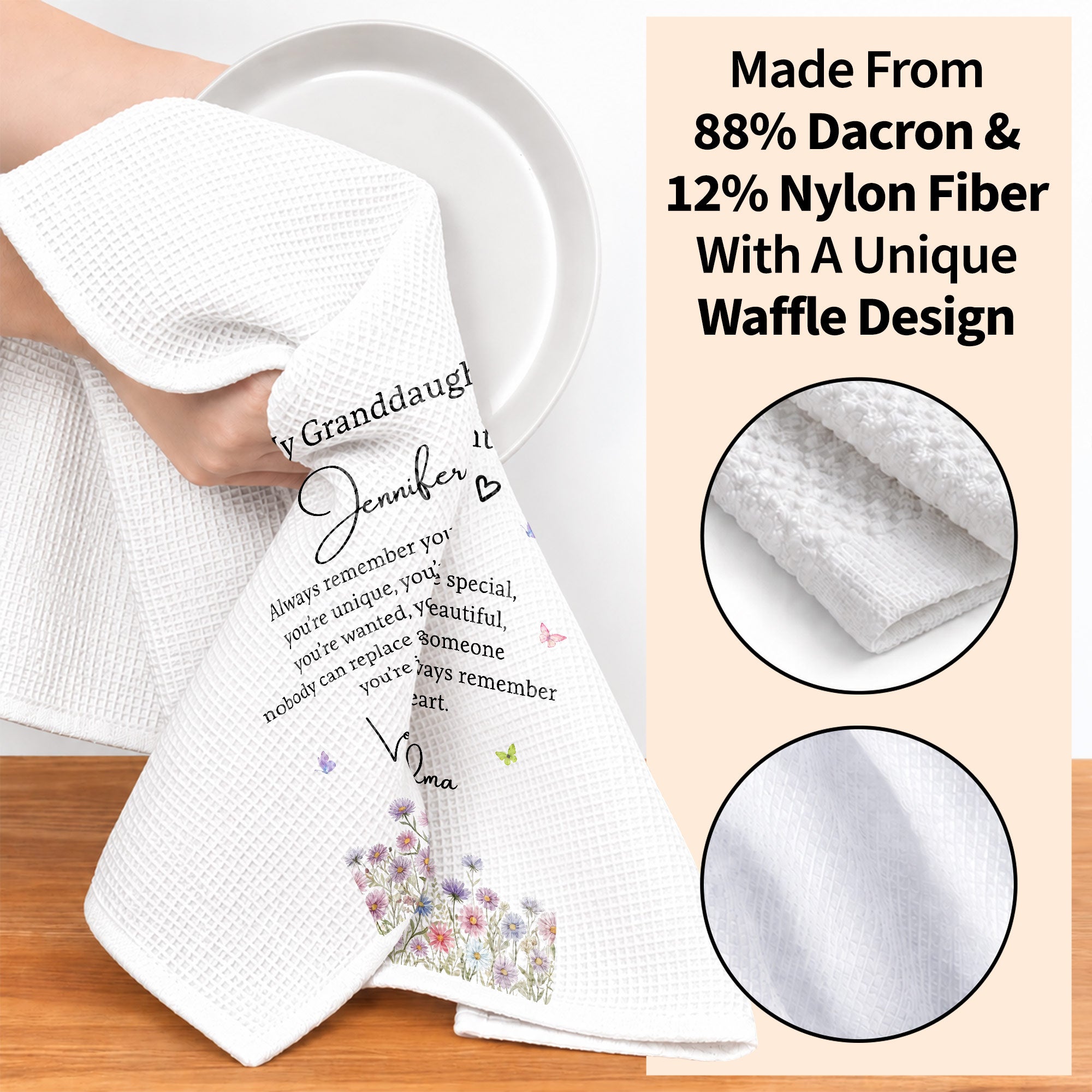 Personalized Kitchen Towel for Granddaughter with Flowers and Butterflies