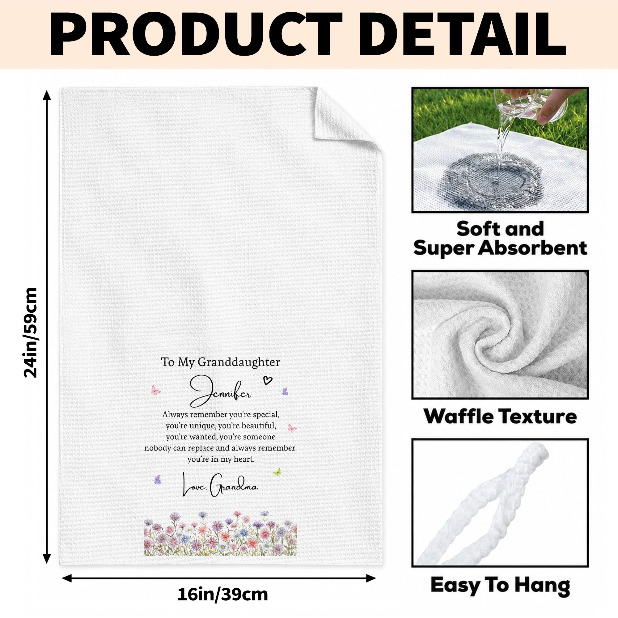 Personalized Kitchen Towel for Granddaughter with Flowers and Butterflies