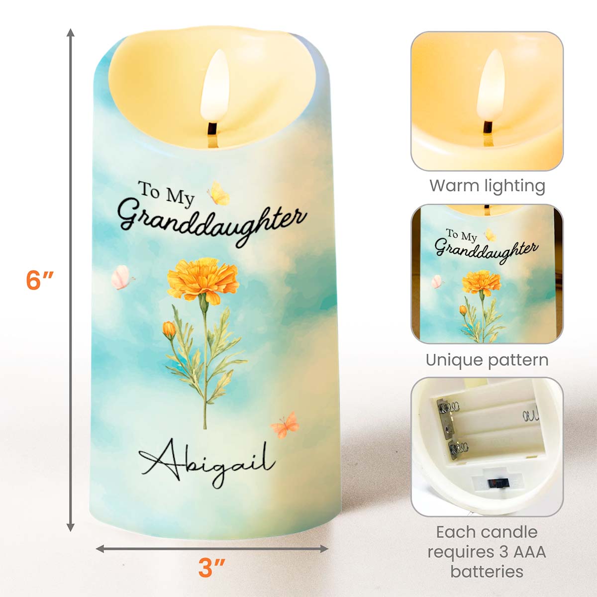 Personalized Flameless LED Candle Custom Name for Granddaughter