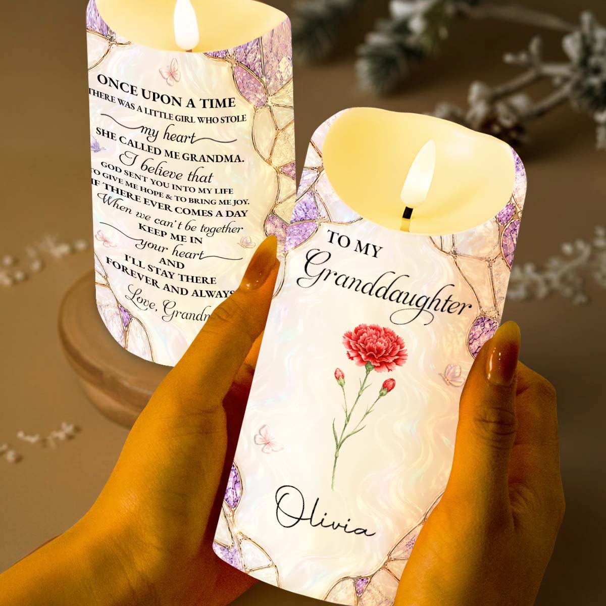 Personalized Custom LED Candle Birth Month Flower Gift for Granddaughter