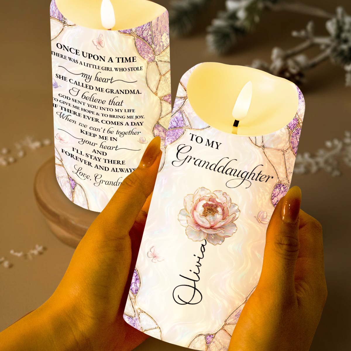 Personalized LED Candle Custom Flower Gift for Granddaughter