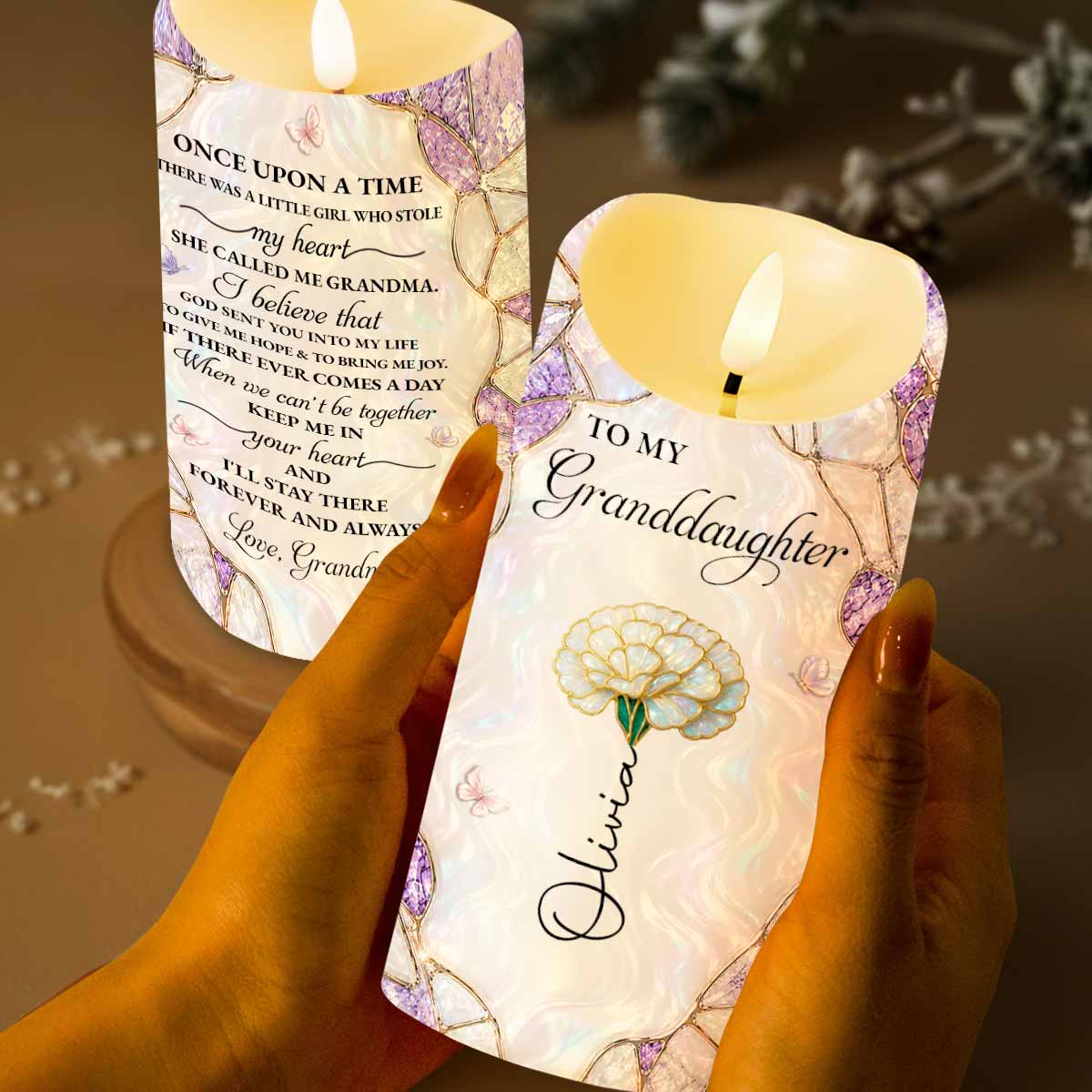 Personalized LED Candle Custom Birth Month Flower Gift for Granddaughter