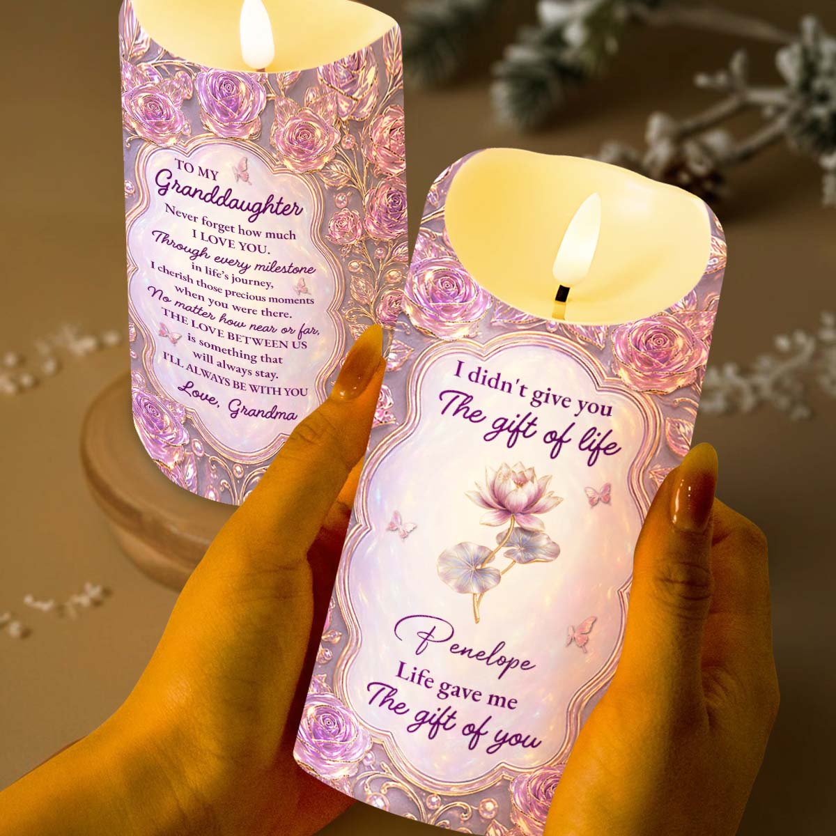 Personalized LED Candle Custom Rose Gift for Granddaughter