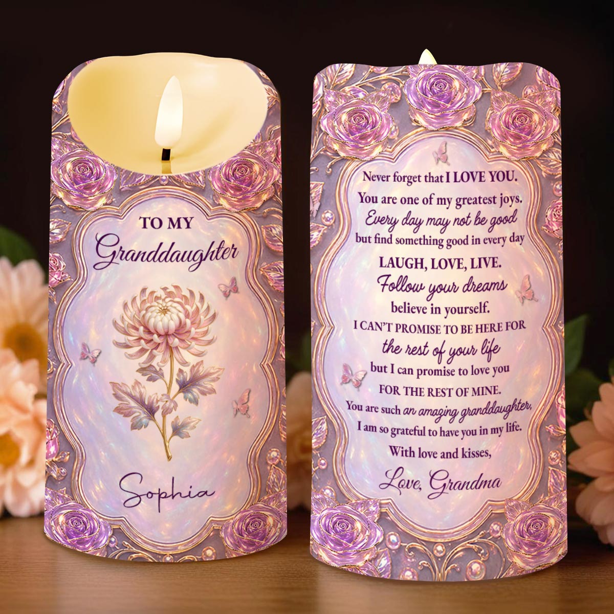 Personalized LED Candle Custom Birth Month Flowers Gift for Granddaughter