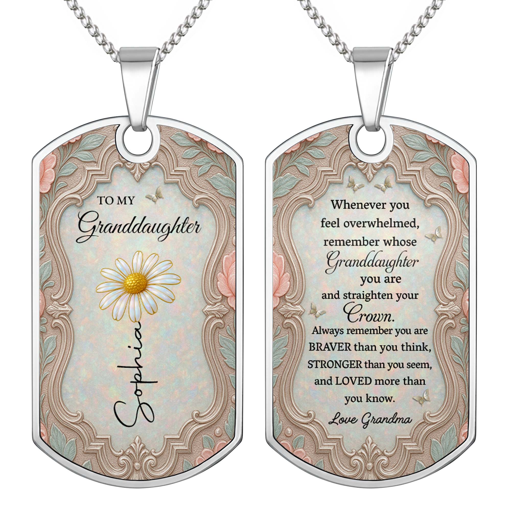 Personalized Dog Tag Necklace for Granddaughter with Birth Month Flower