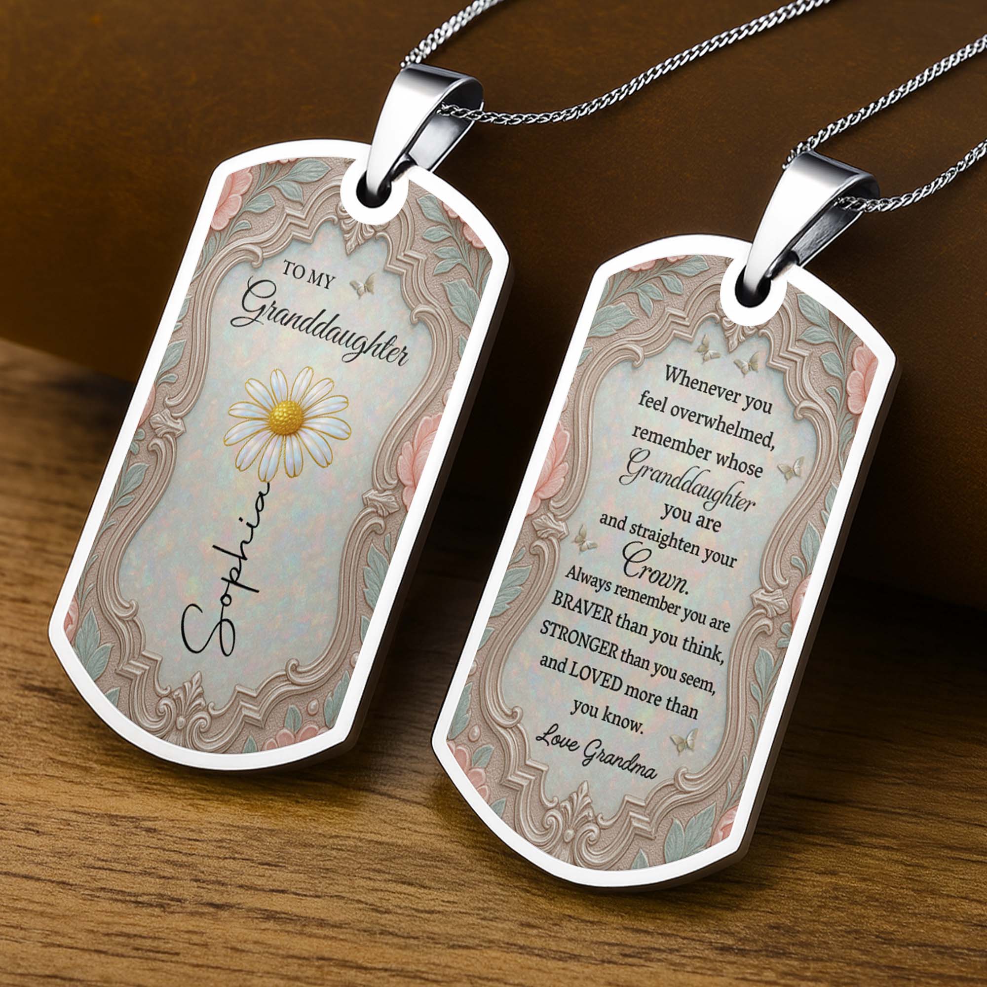 Personalized Dog Tag Necklace for Granddaughter with Birth Month Flower