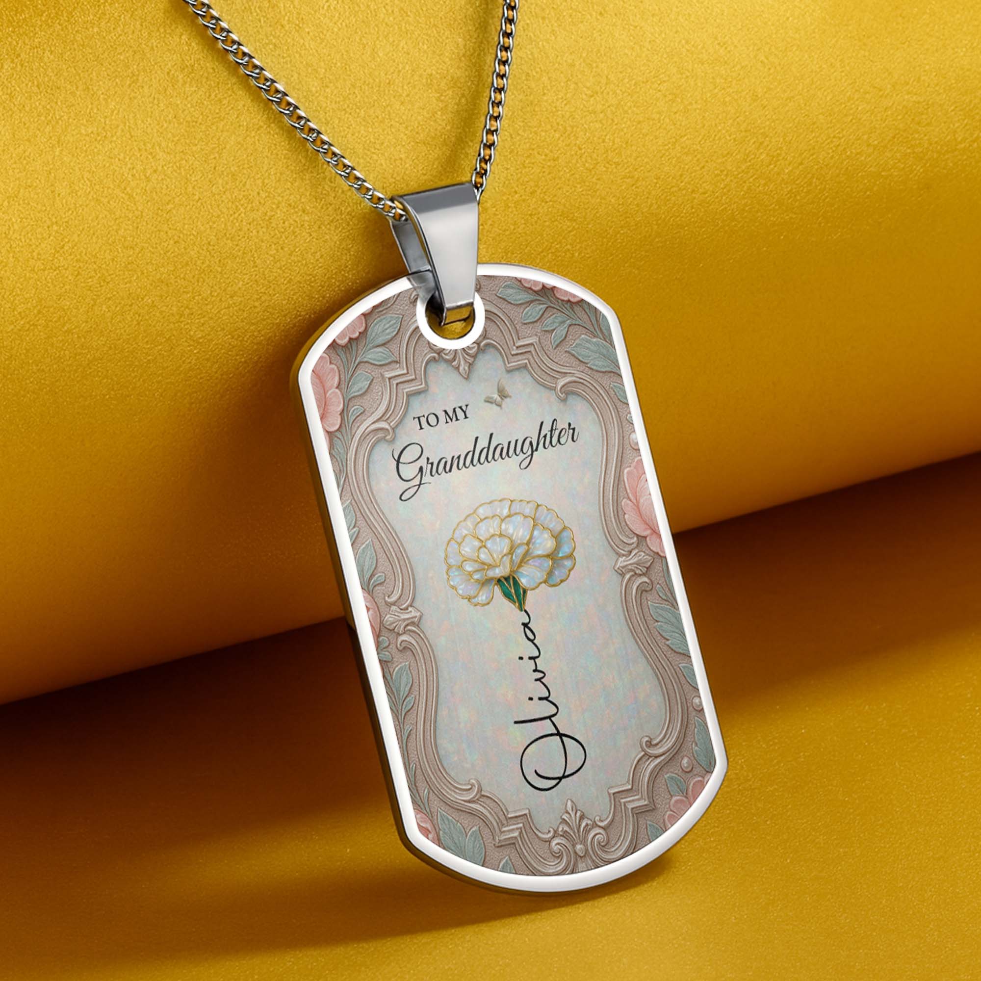 Personalized Dog Tag Necklace for Granddaughter with Birth Month Flower