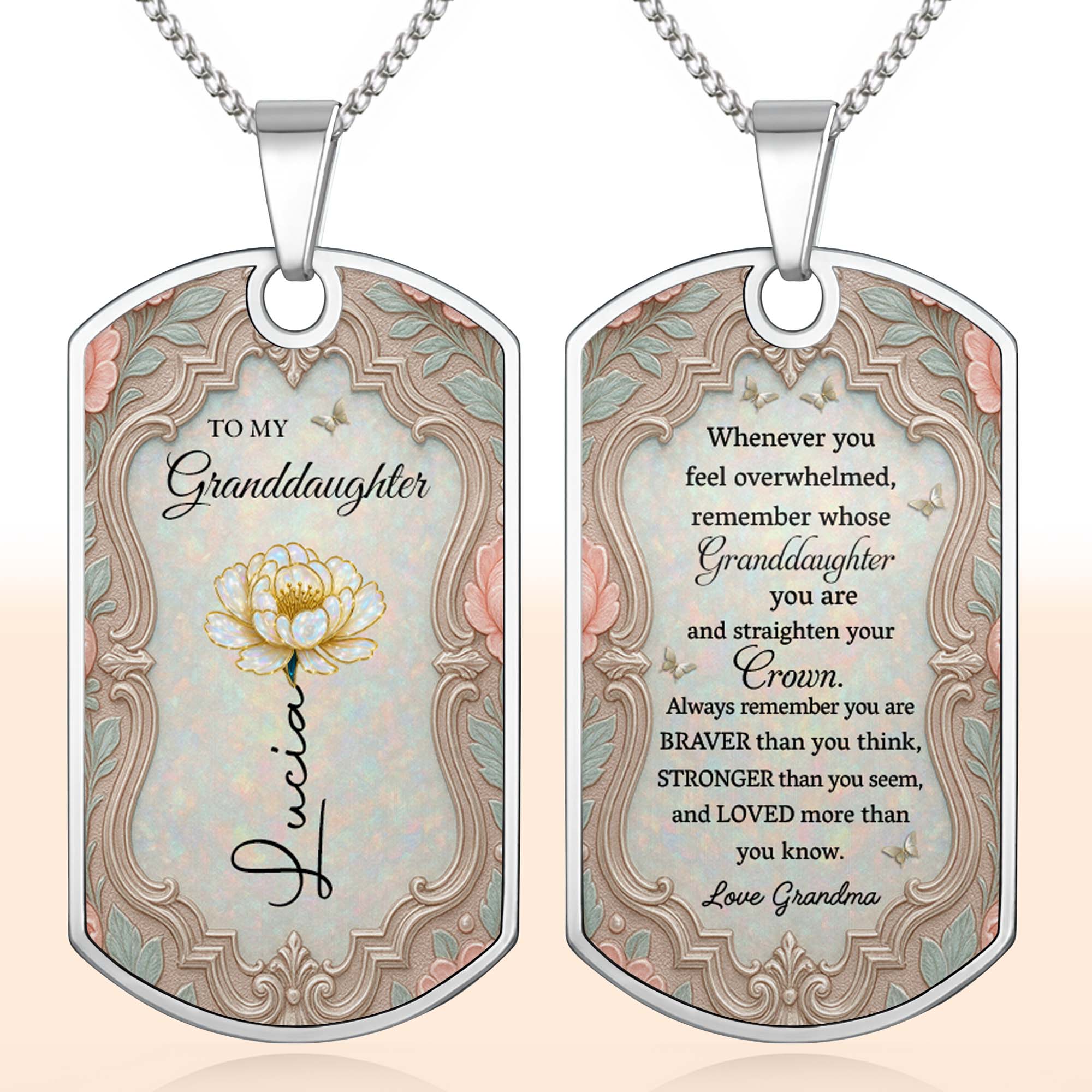 Personalized Dog Tag Necklace for Granddaughter with Birth Month Flower