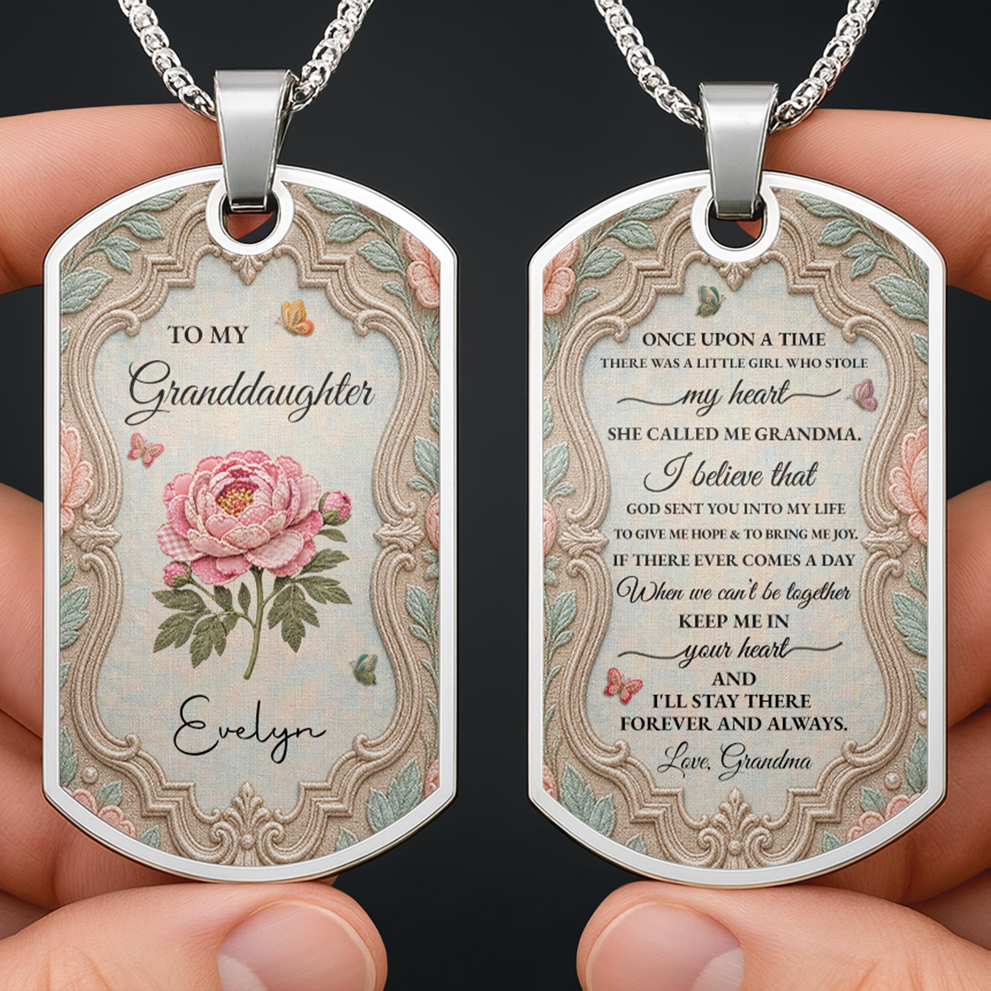 Personalized Stainless Steel Dog Tag Necklace for Granddaughter - Custom Name Flower & Butterfly Gift